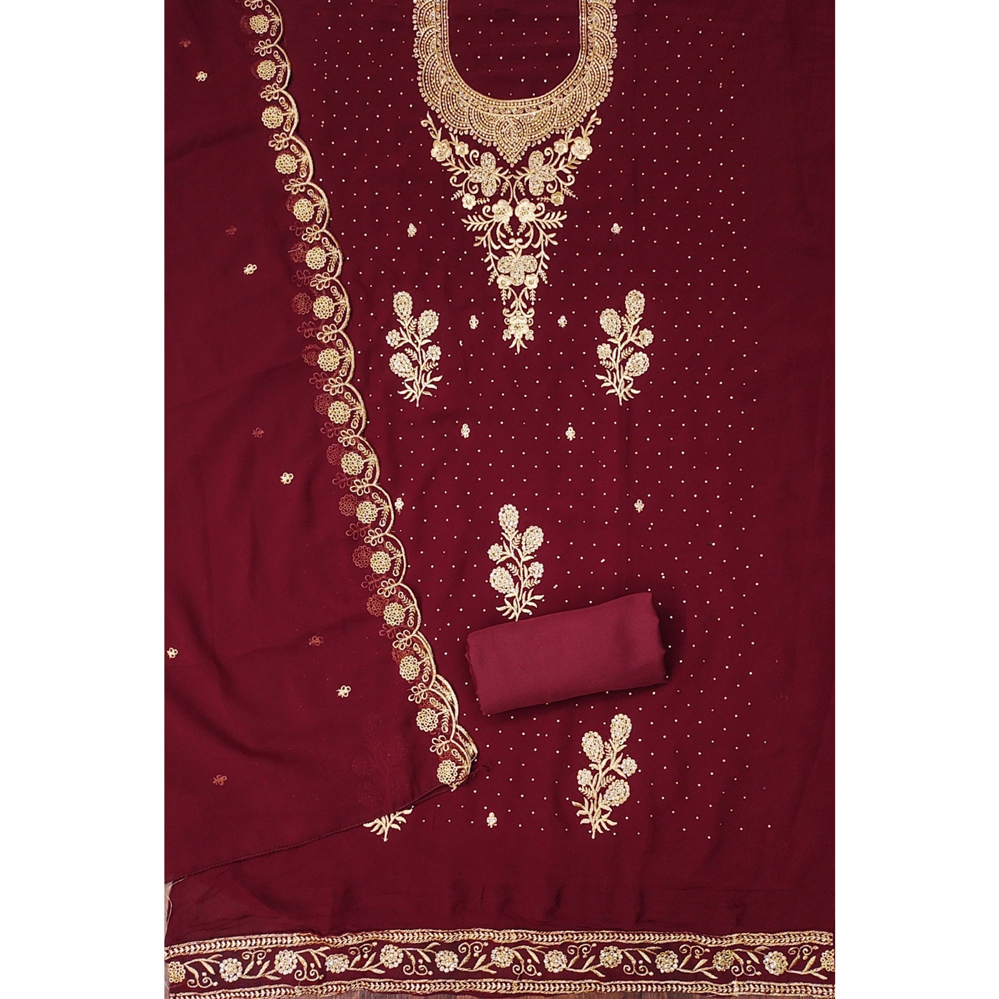 Maroon Georgette Dress Material With Intricate Thread And Stone Work Embroidery