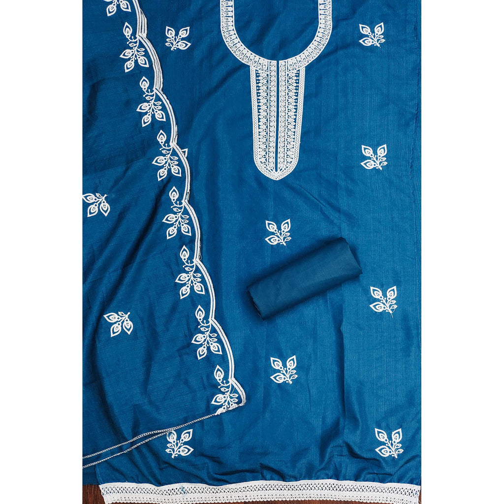 Blue Intricate Floral Embroidered Cotton Blend Dress Material
