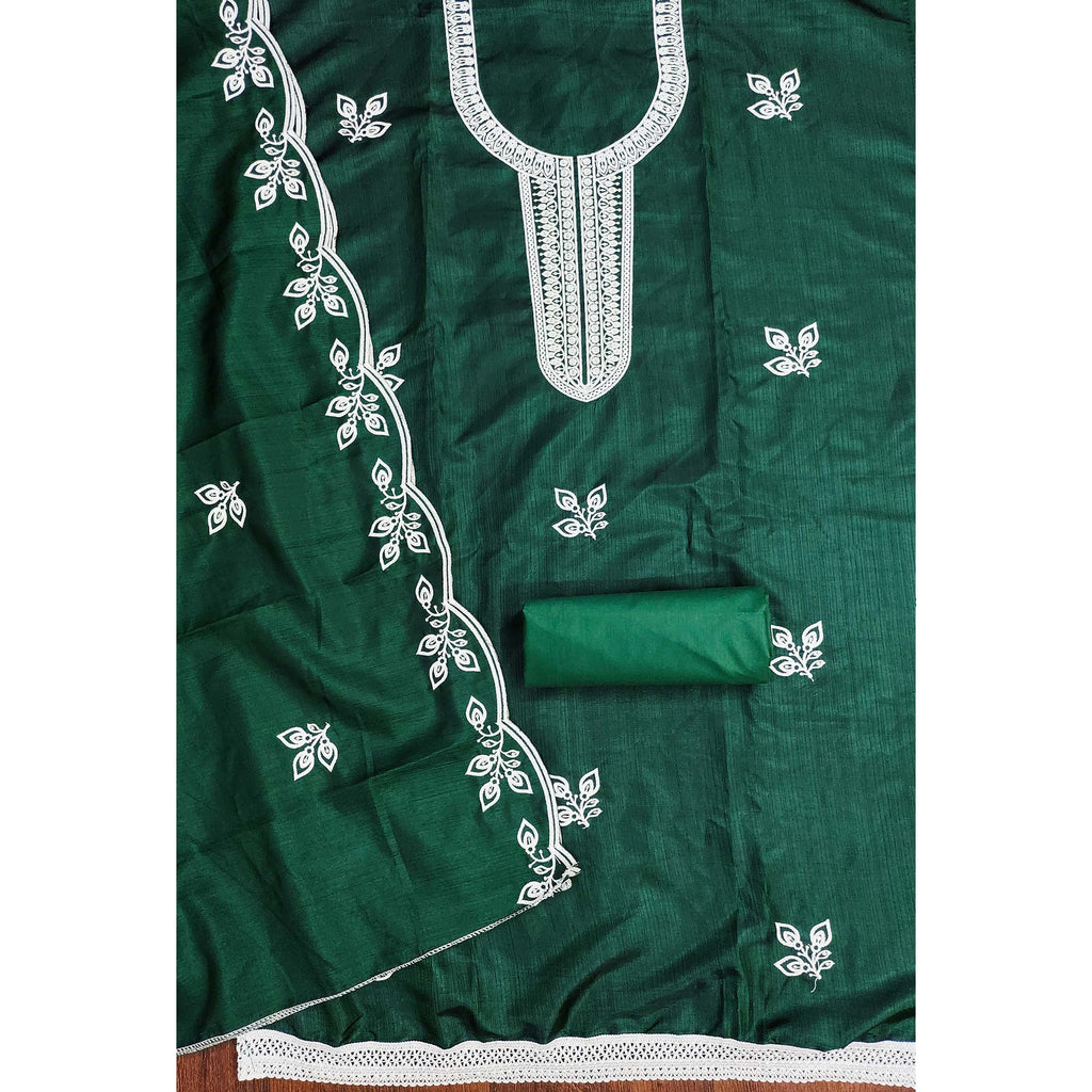 Green Intricate Floral Embroidered Cotton Blend Dress Material