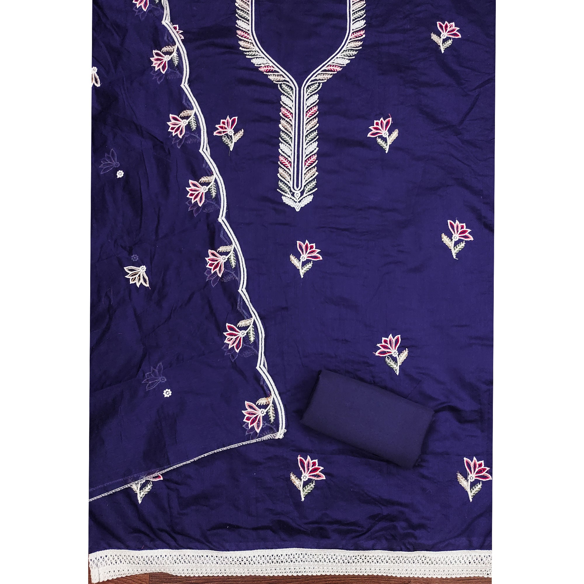 Graceful Navy Blue Chanderi Cotton Dress Material With Floral Thread Embroidery & Sequins Work