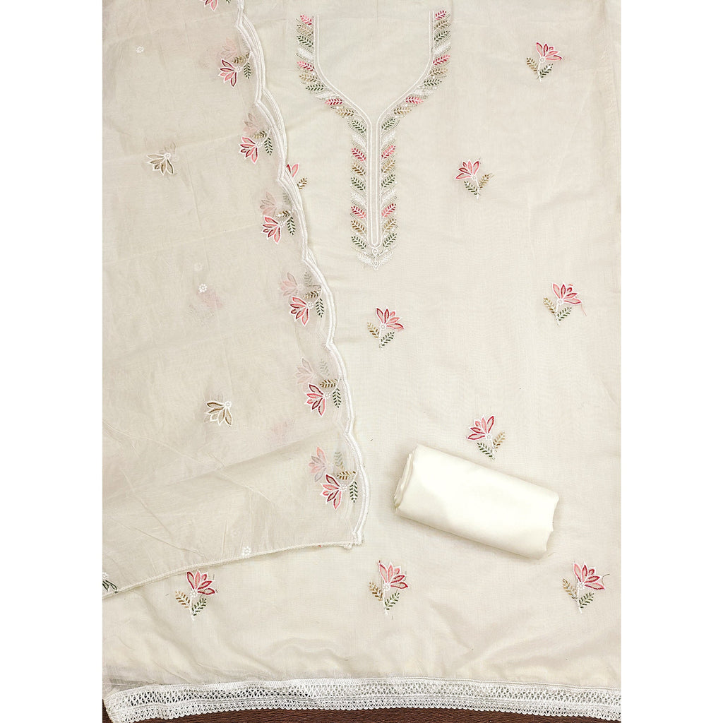 Elegant Off-White Chanderi Cotton Dress Material With Floral Thread Embroidery & Sequins Work