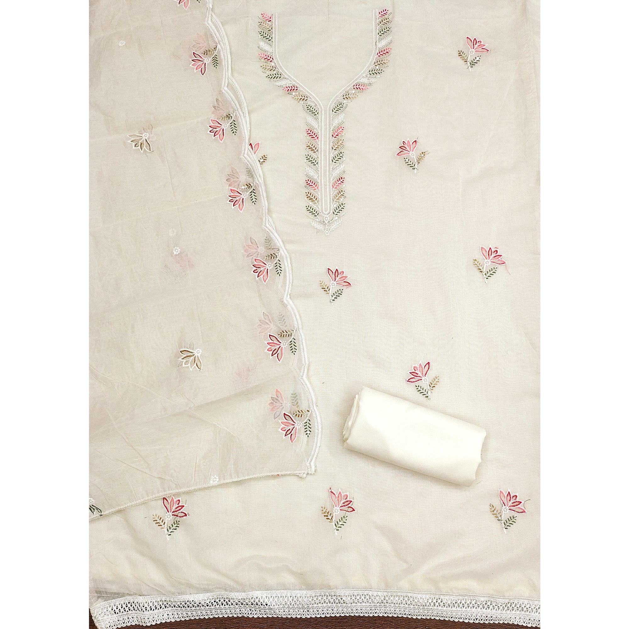Elegant Off-White Chanderi Cotton Dress Material With Floral Thread Embroidery & Sequins Work