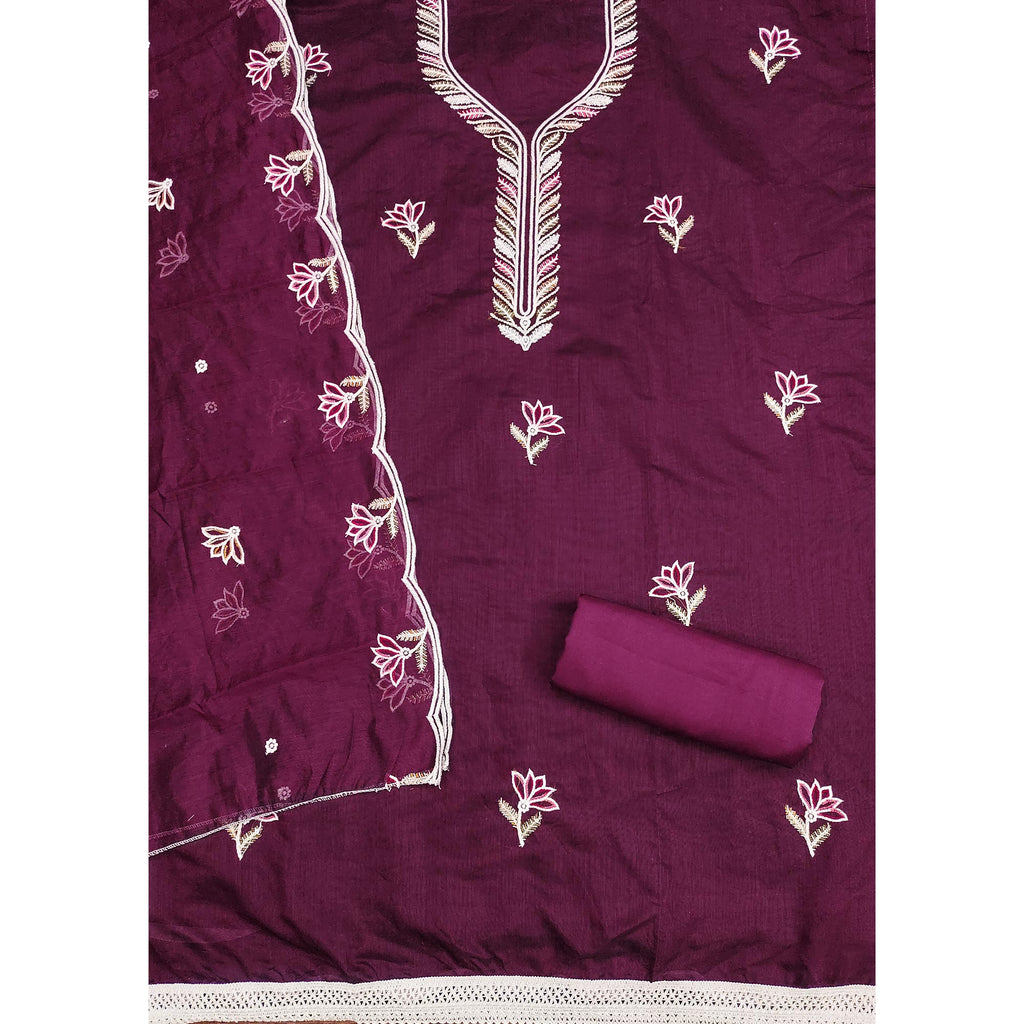Luxurious Wine Chanderi Cotton Dress Material With Floral Thread Embroidery & Sequins Work