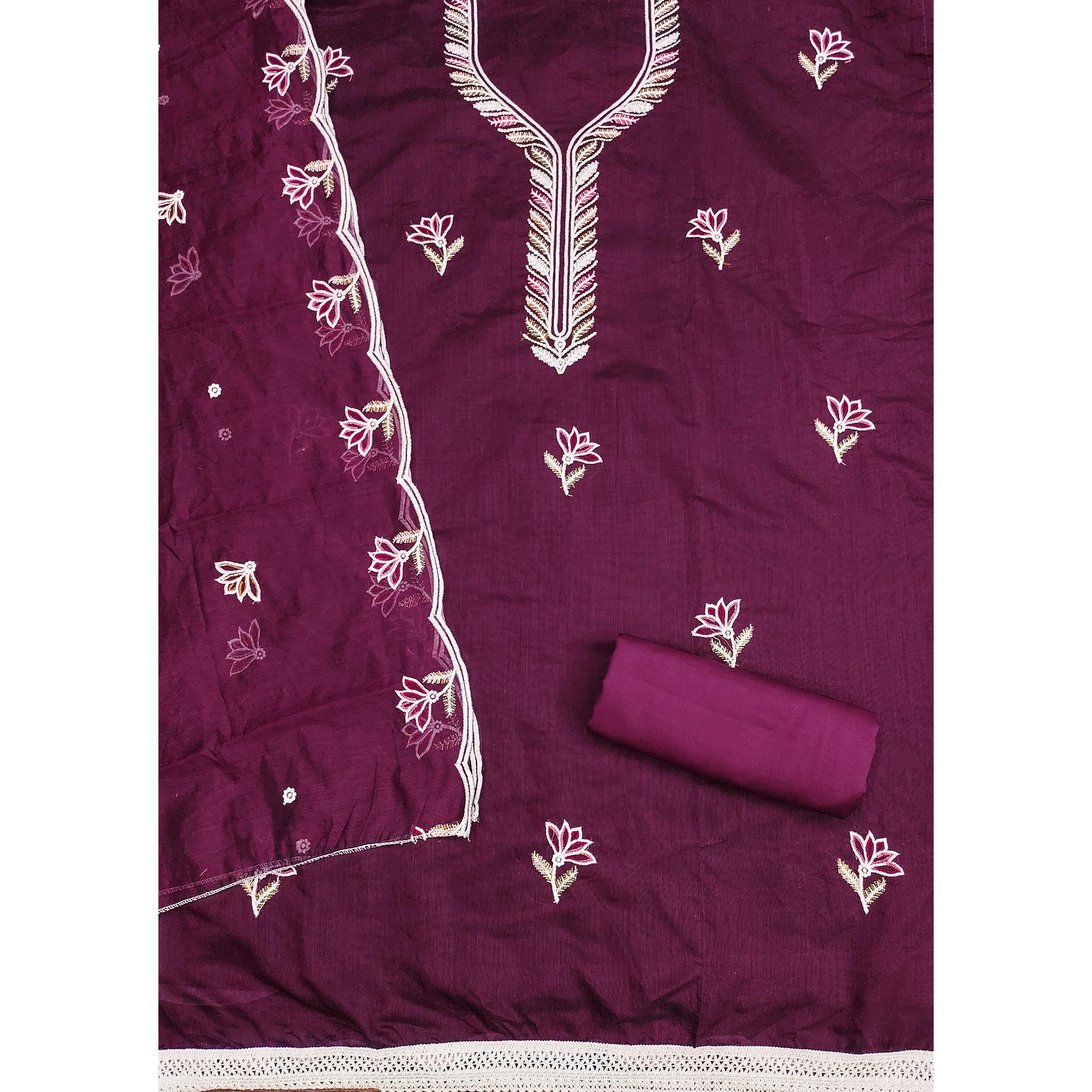 Luxurious Wine Chanderi Cotton Dress Material With Floral Thread Embroidery & Sequins Work
