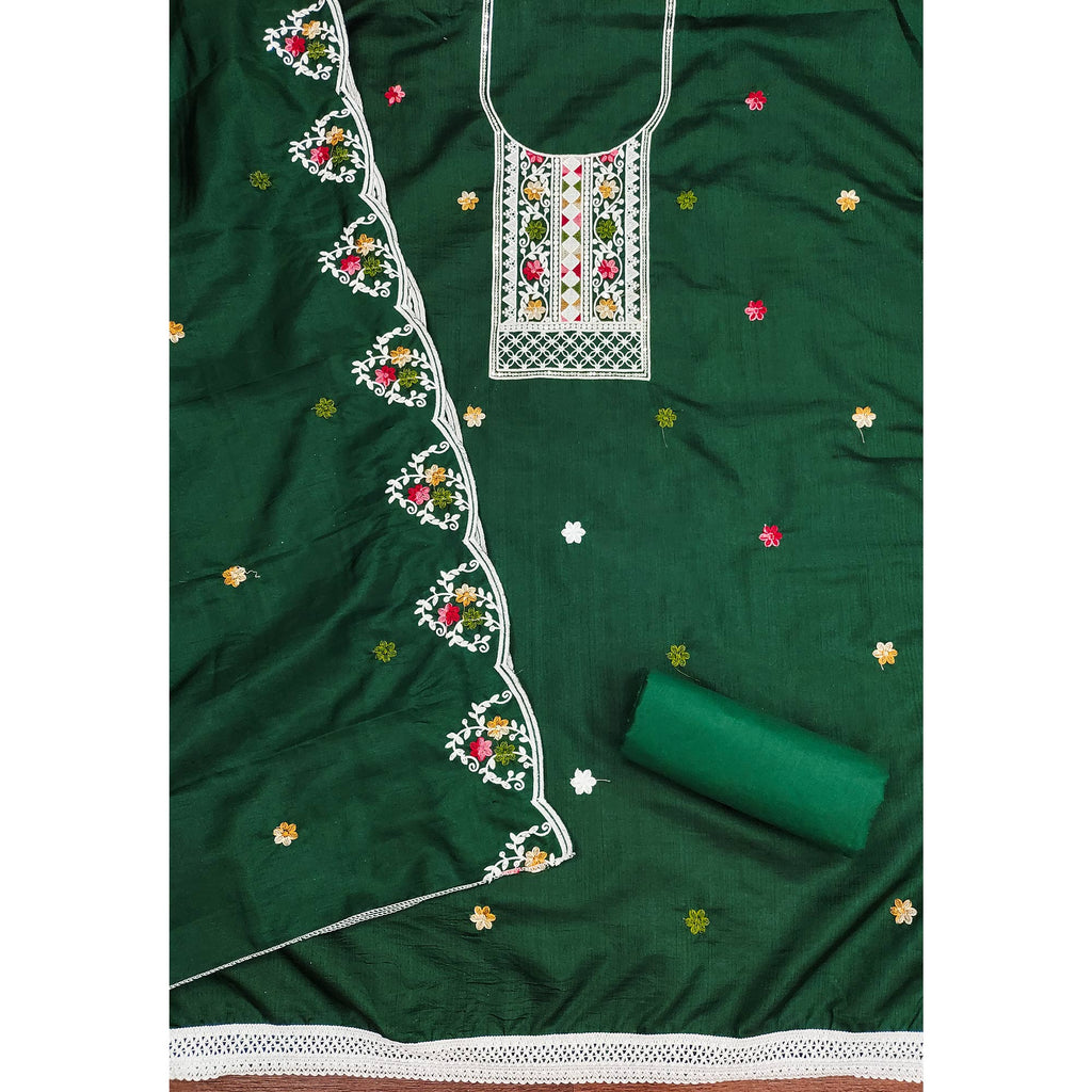 Enchanting Green Floral Sequin Embroidered Cotton Blend Dress Material