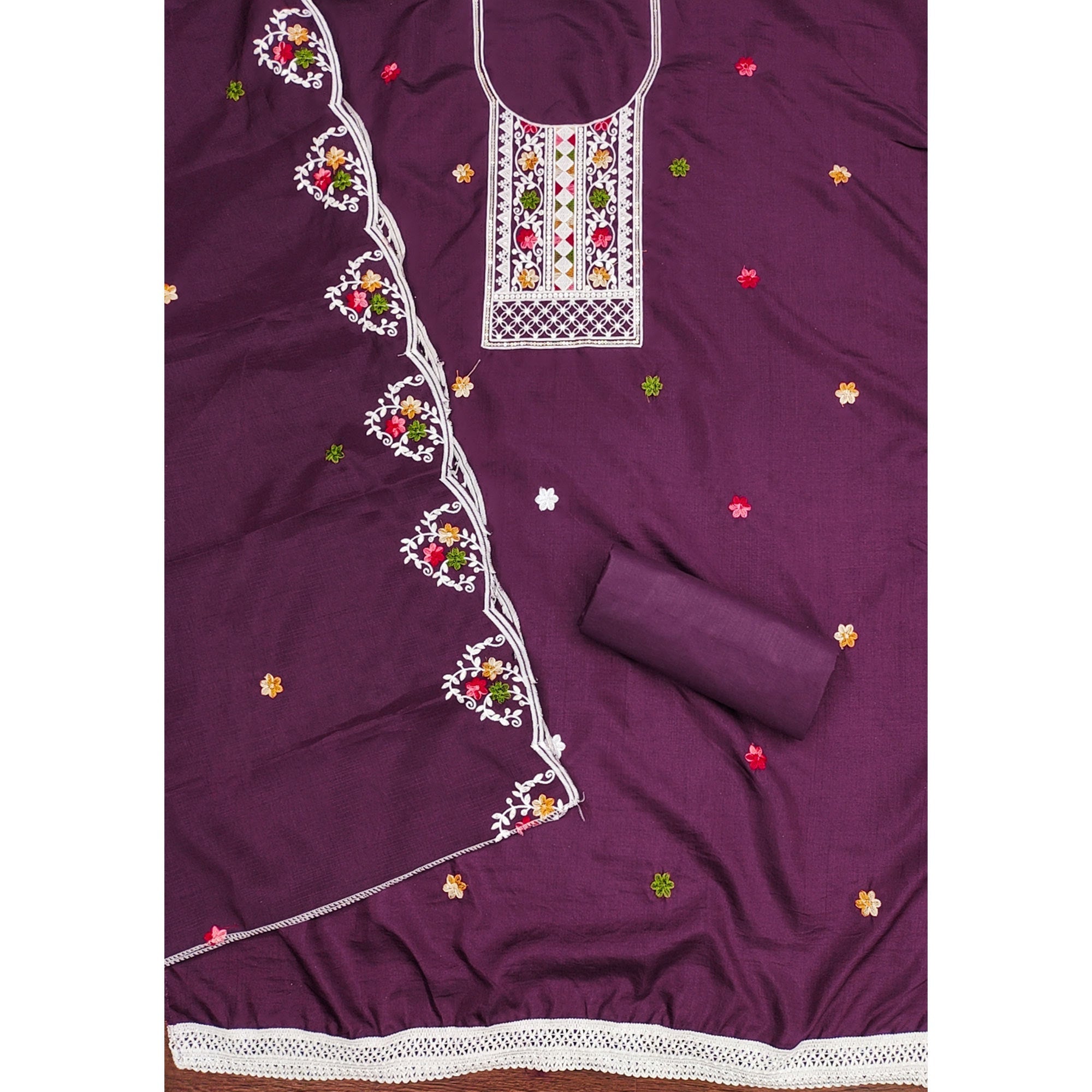 Luxurious Wine Floral Sequin Embroidered Cotton Blend Dress Material