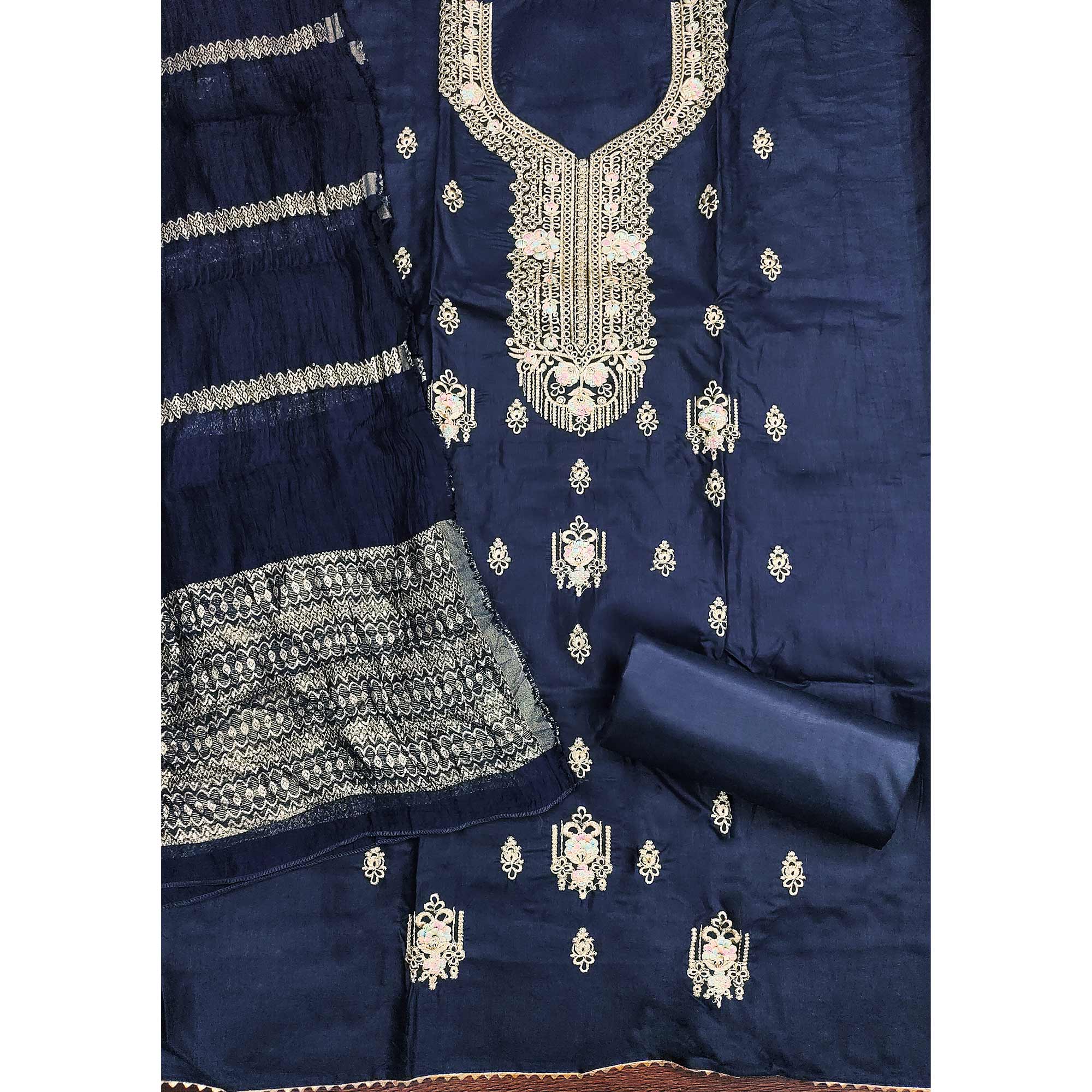 Blue Pure Cotton Dress Material with Elegant Embroidery