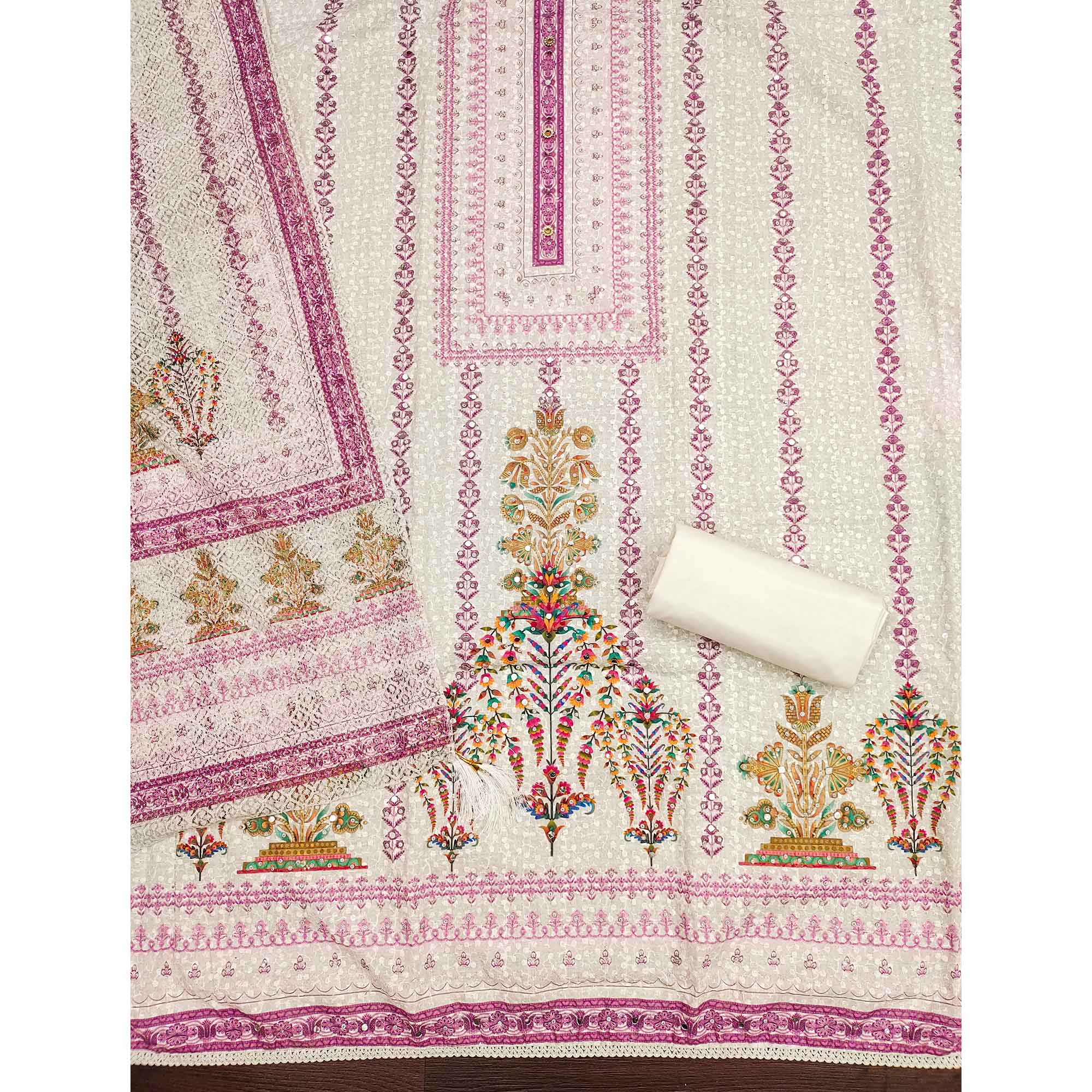 Off-White and Pink Unstitched Suit Material with Classic Schiffli Detailing