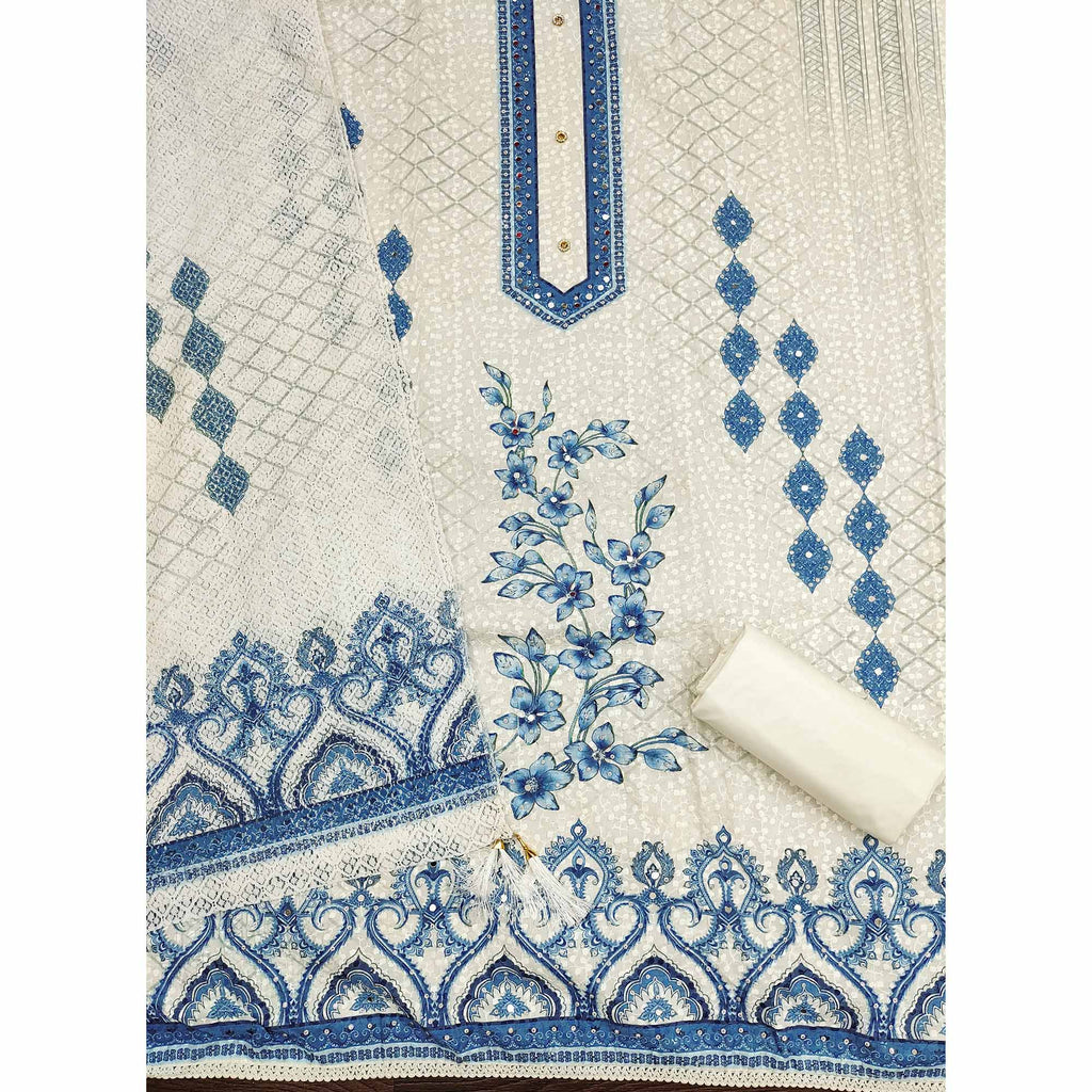 Off-White and Blue Unstitched Suit Material with Classic Schiffli Detailing