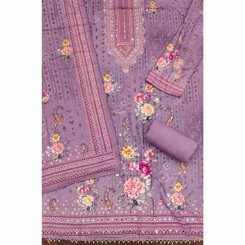 Lavender Dress Material in Muslin with Delicate Mirror Highlights