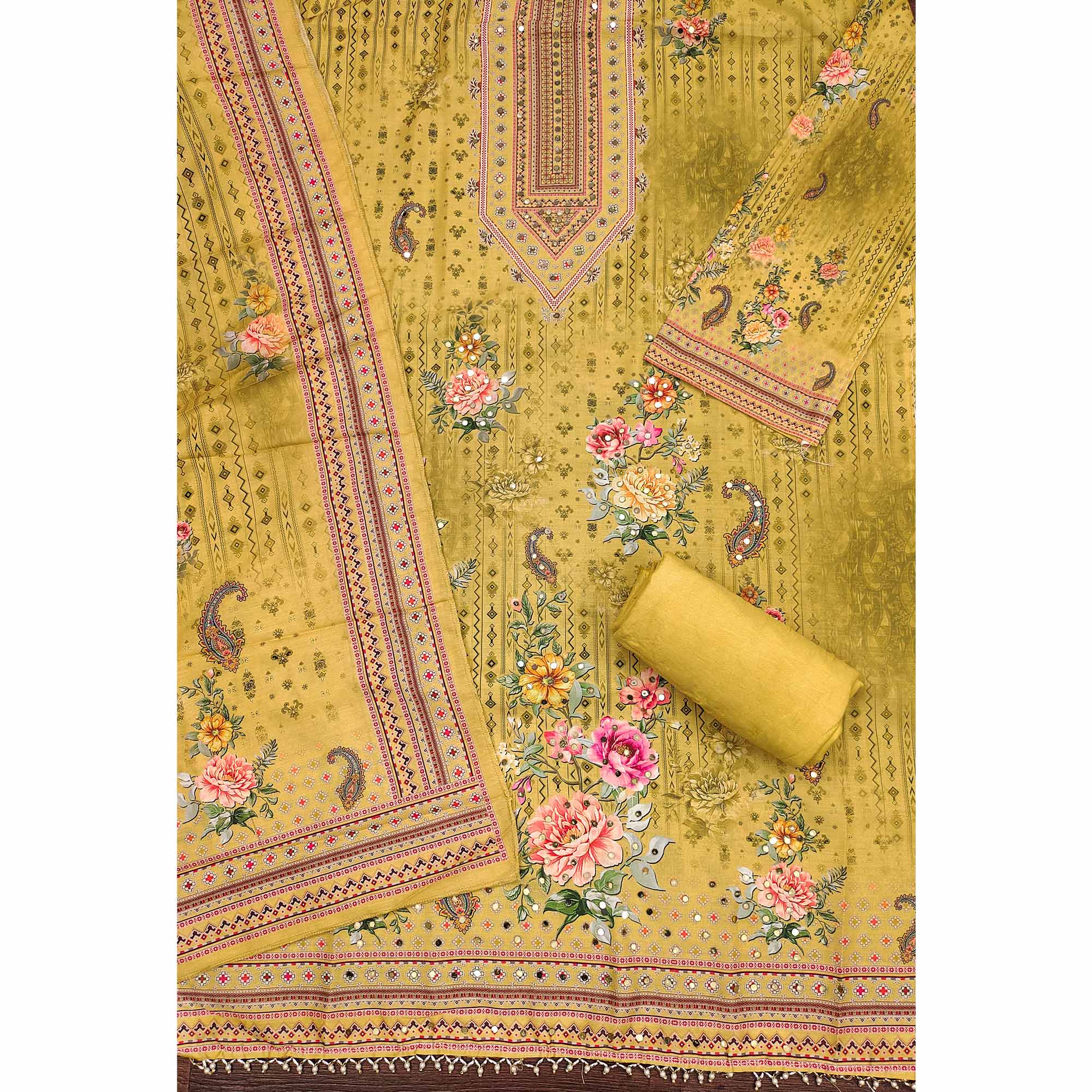 Mustard Dress Material in Muslin with Delicate Mirror Highlights