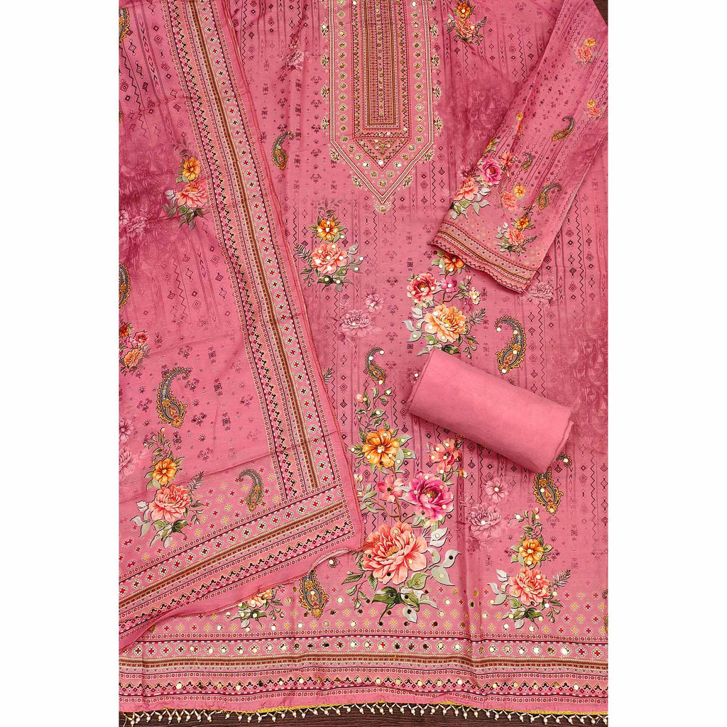 Pink Dress Material in Muslin with Delicate Mirror Highlights