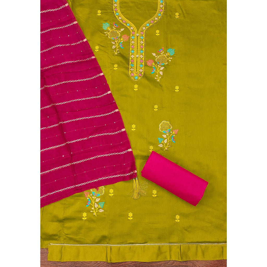 Elegant Mustard Floral Embroidered Cotton Dress Fabric for Custom Stitching