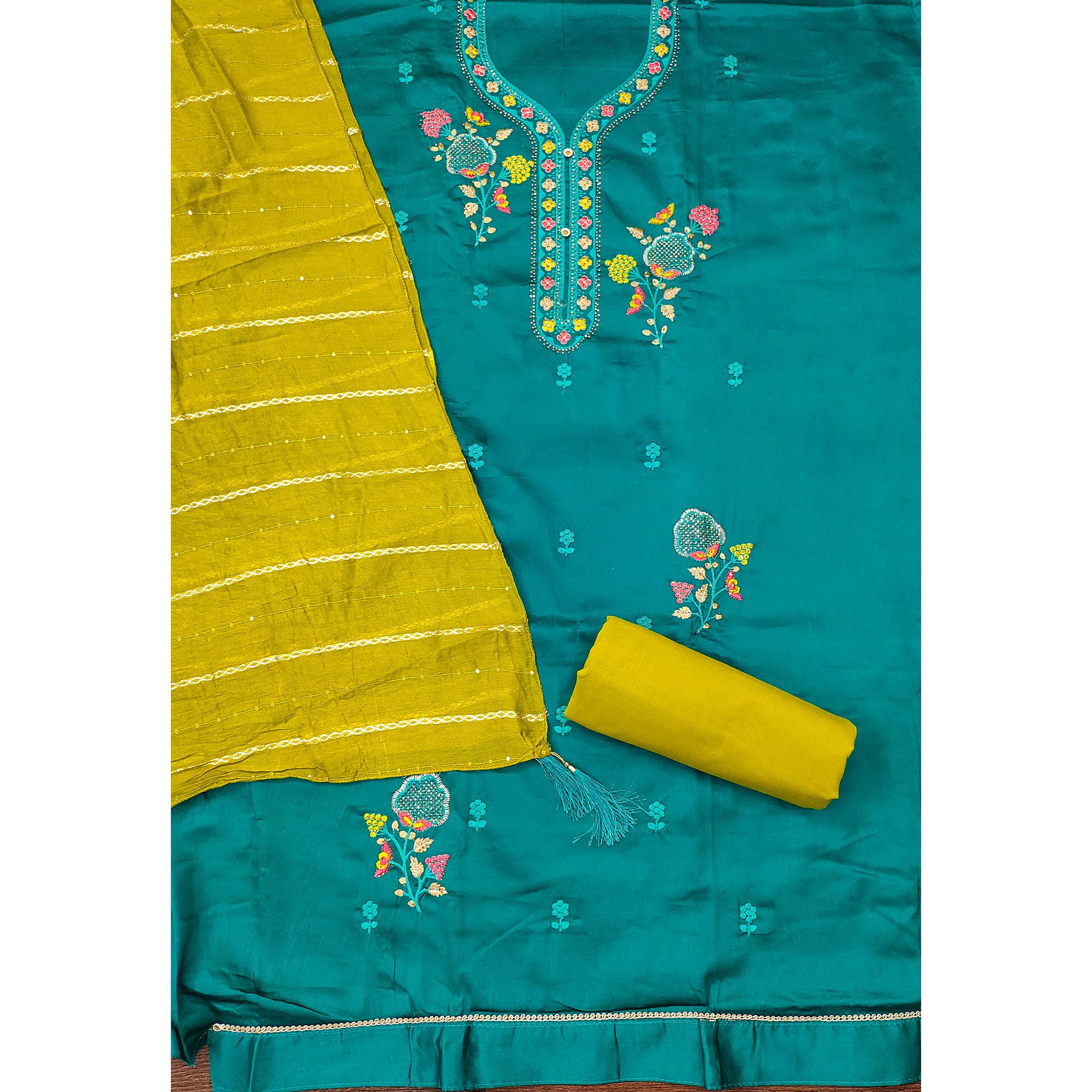 Elegant Teal Floral Embroidered Cotton Dress Fabric for Custom Stitching