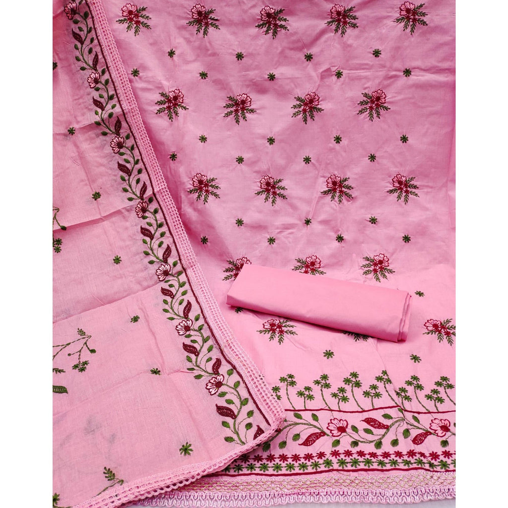 Pink Cotton Blend Dress Material With Delicate Floral Thread Embroidery