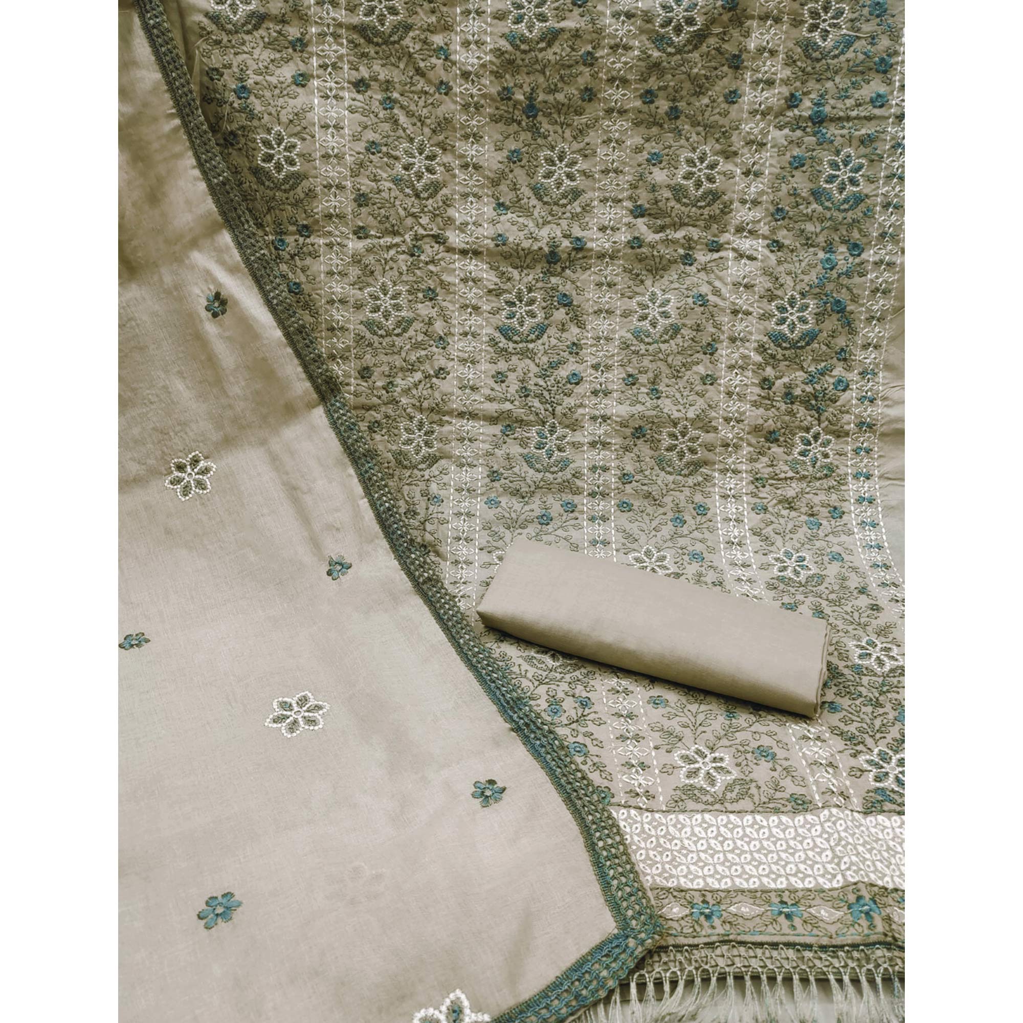 Grey Floral Embroidered Pure Cotton Dress Material