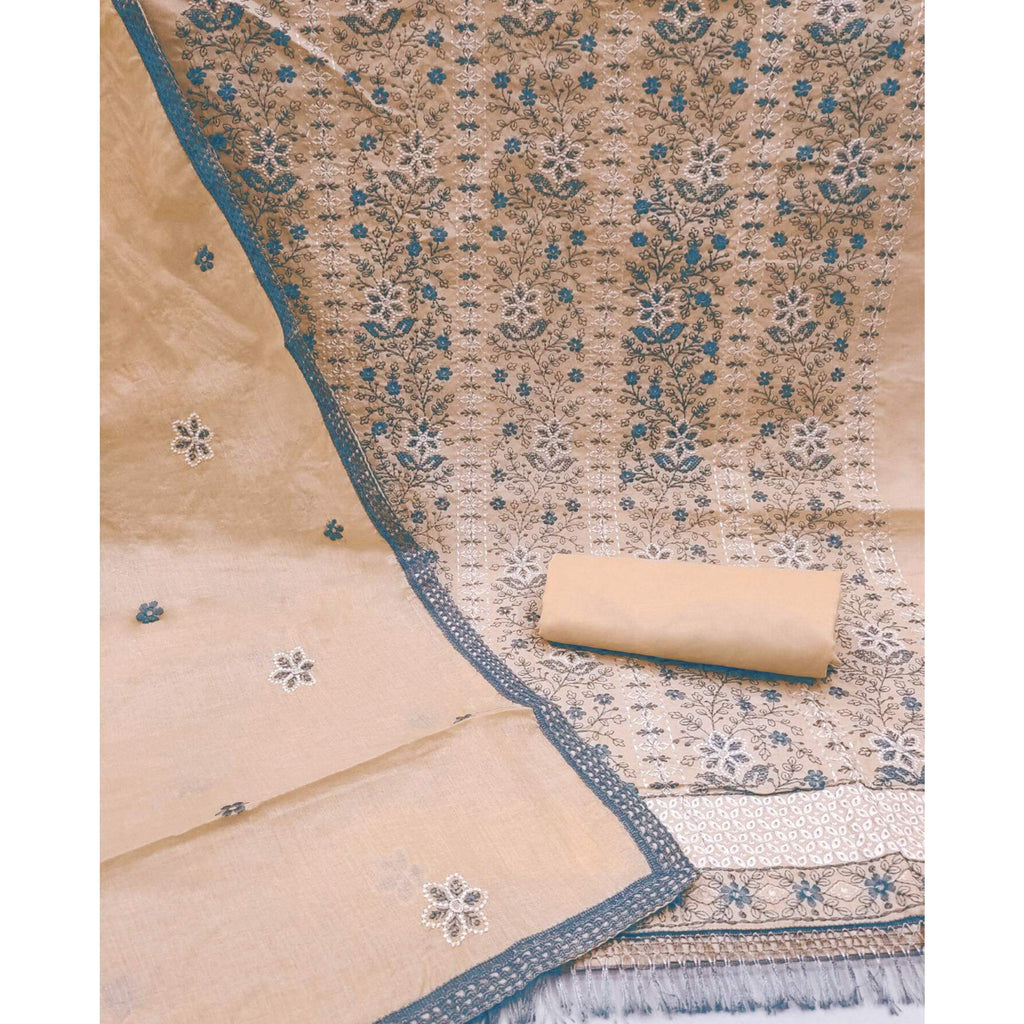 Peach Floral Embroidered Pure Cotton Dress Material