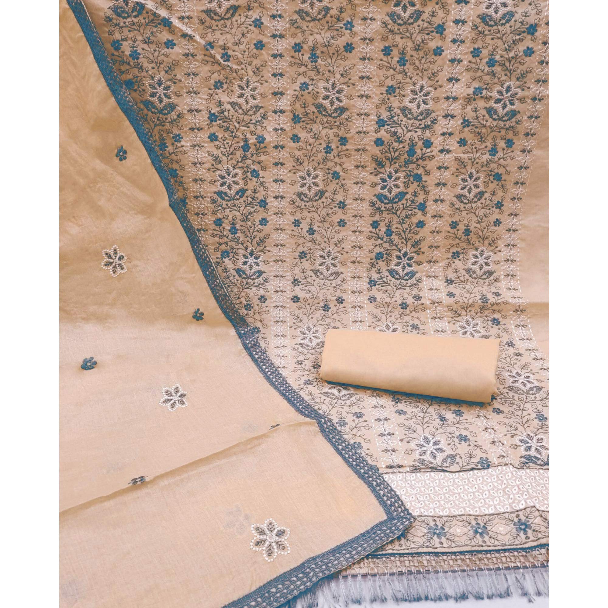 Peach Floral Embroidered Pure Cotton Dress Material