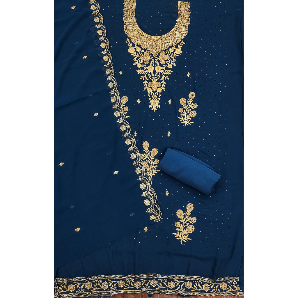 Blue Floral Embroidered Georgette Dress Material
