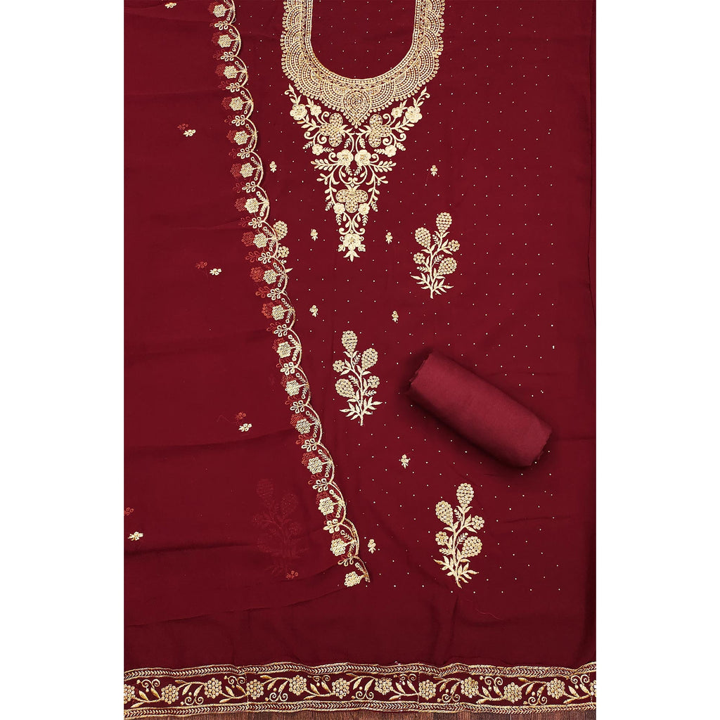 Maroon Floral Embroidered Georgette Dress Material