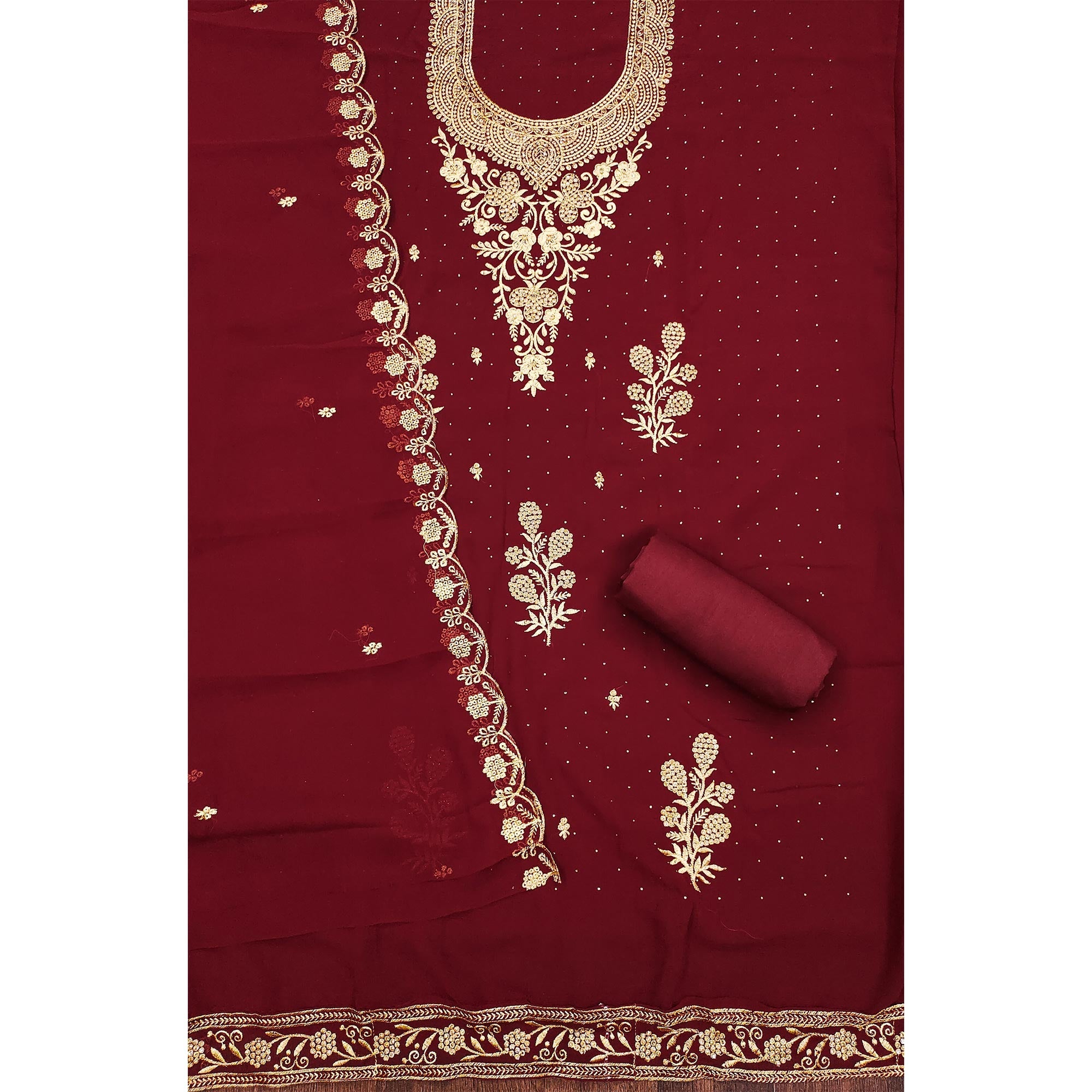 Maroon Floral Embroidered Georgette Dress Material
