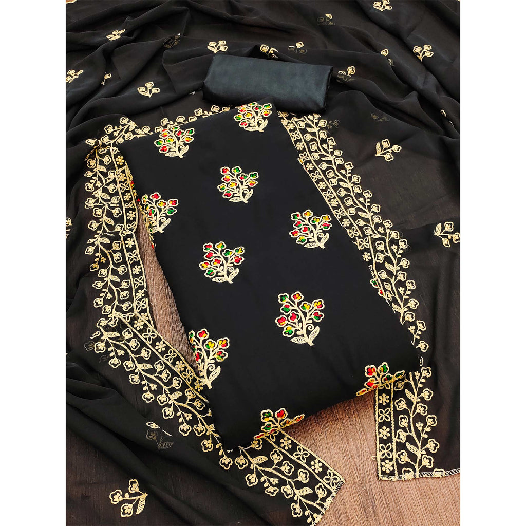 Black Floral Embroidered Georgette Dress Material