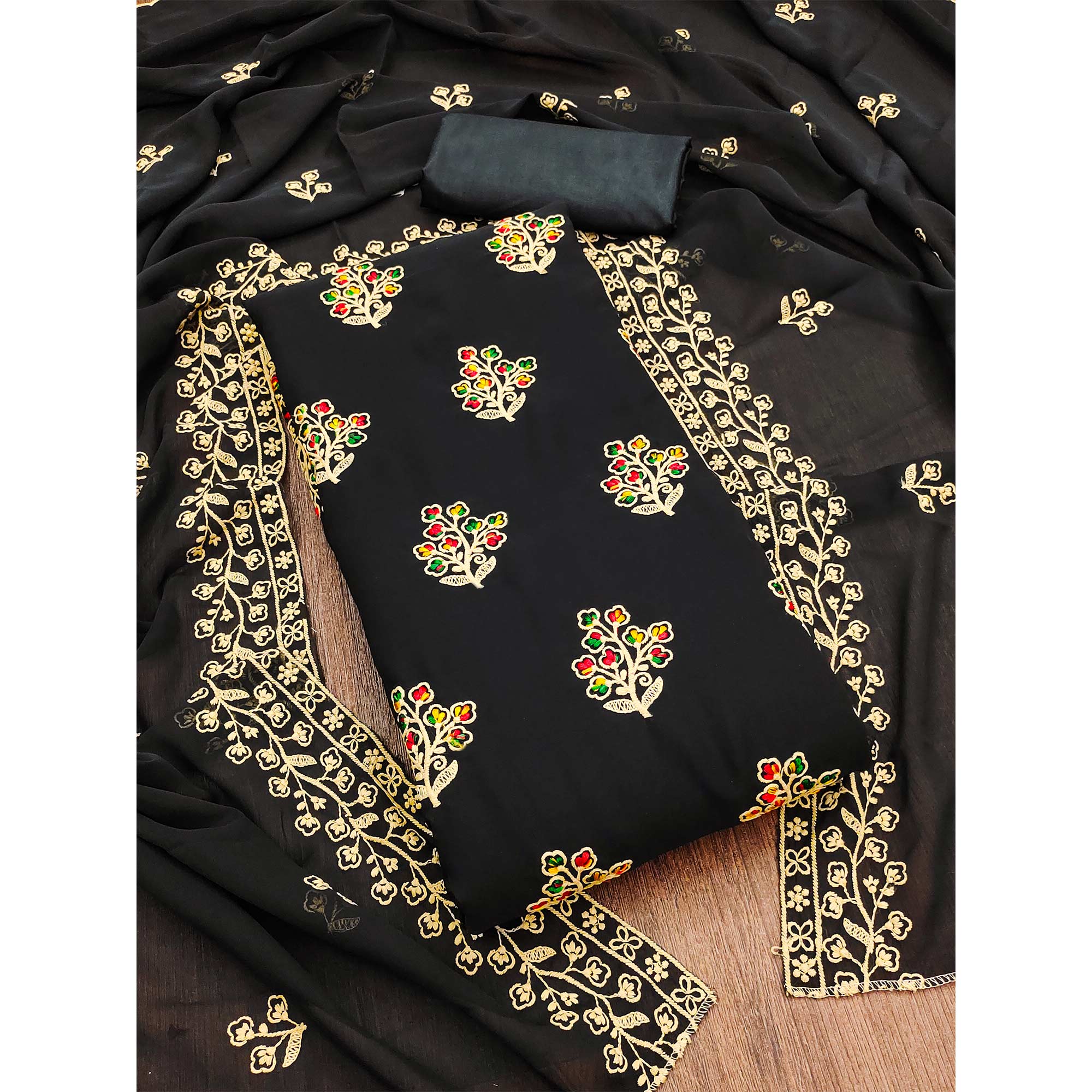 Black Floral Embroidered Georgette Dress Material