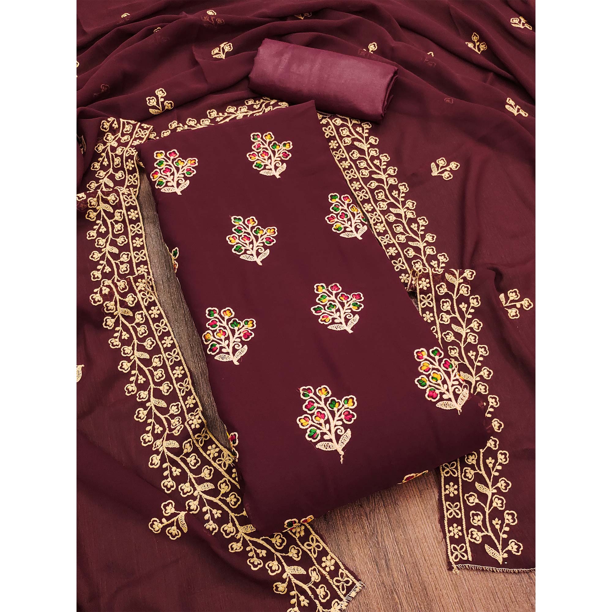 Maroon Floral Embroidered Georgette Dress Material