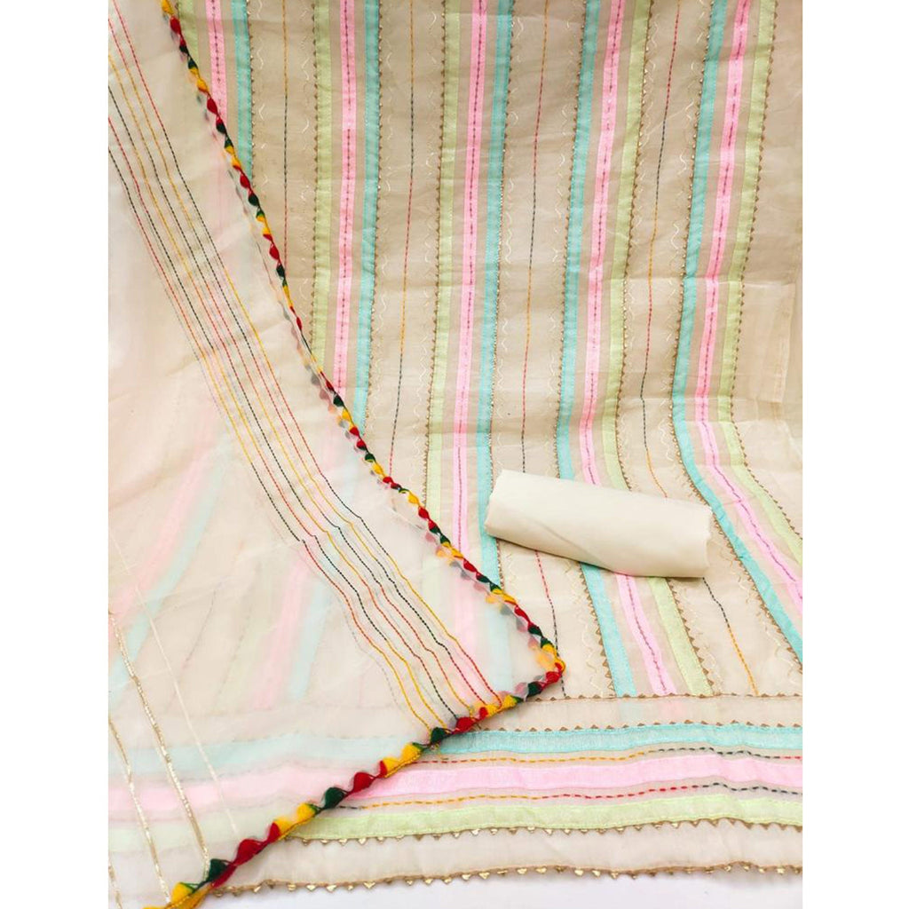 Cream Sequins Embroidered Chanderi Dress Material