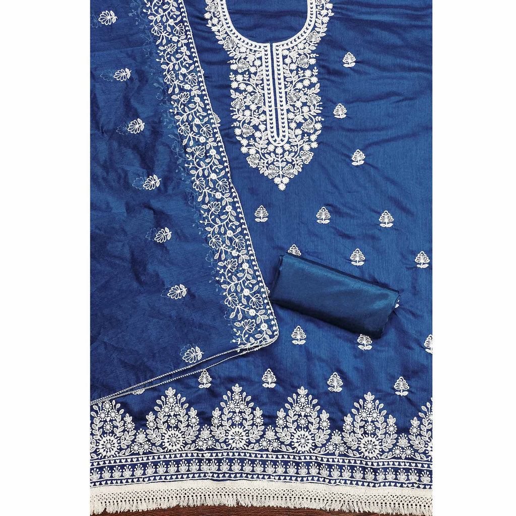 Blue Floral Embroidered Chanderi Cotton Dress Material