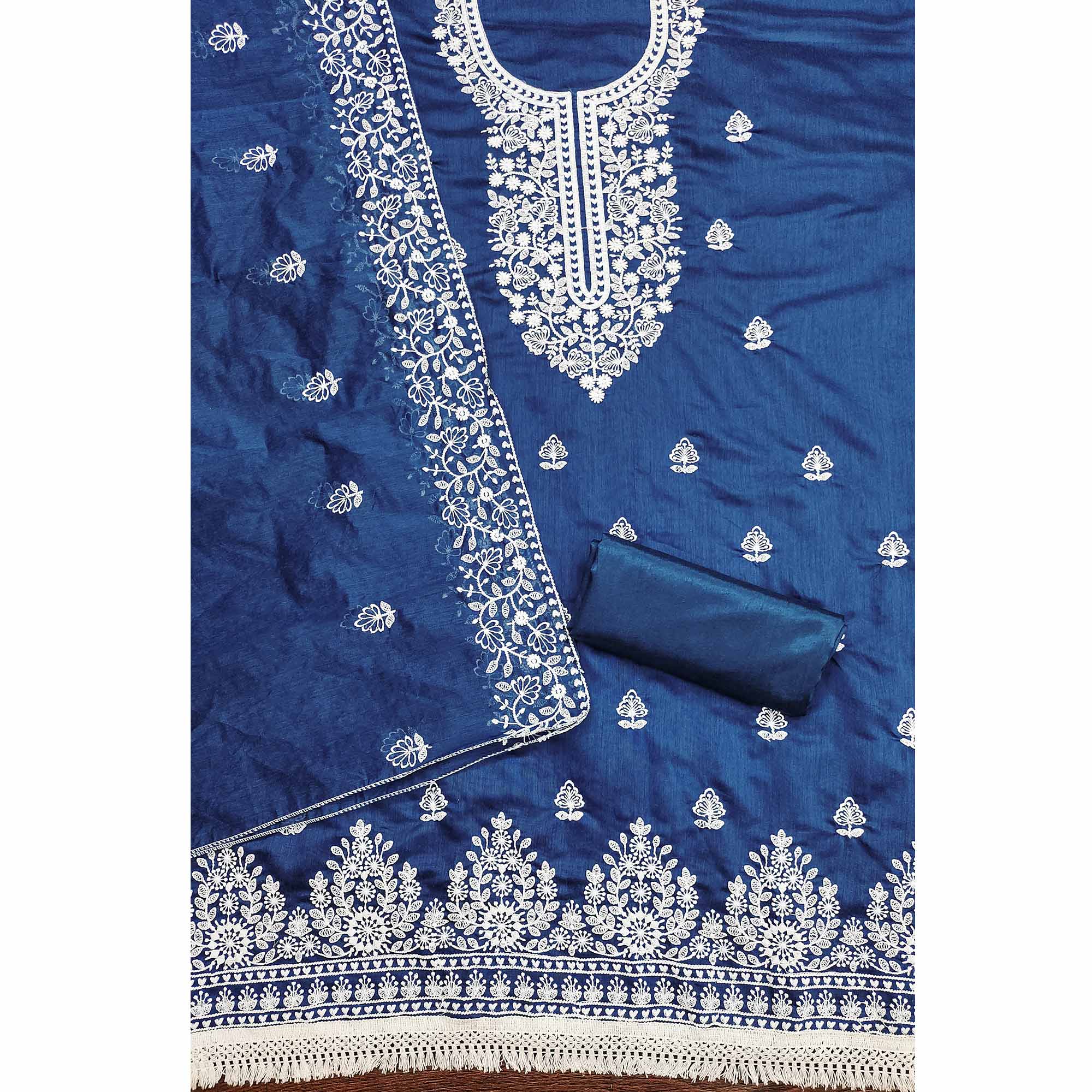 Blue Floral Embroidered Chanderi Cotton Dress Material