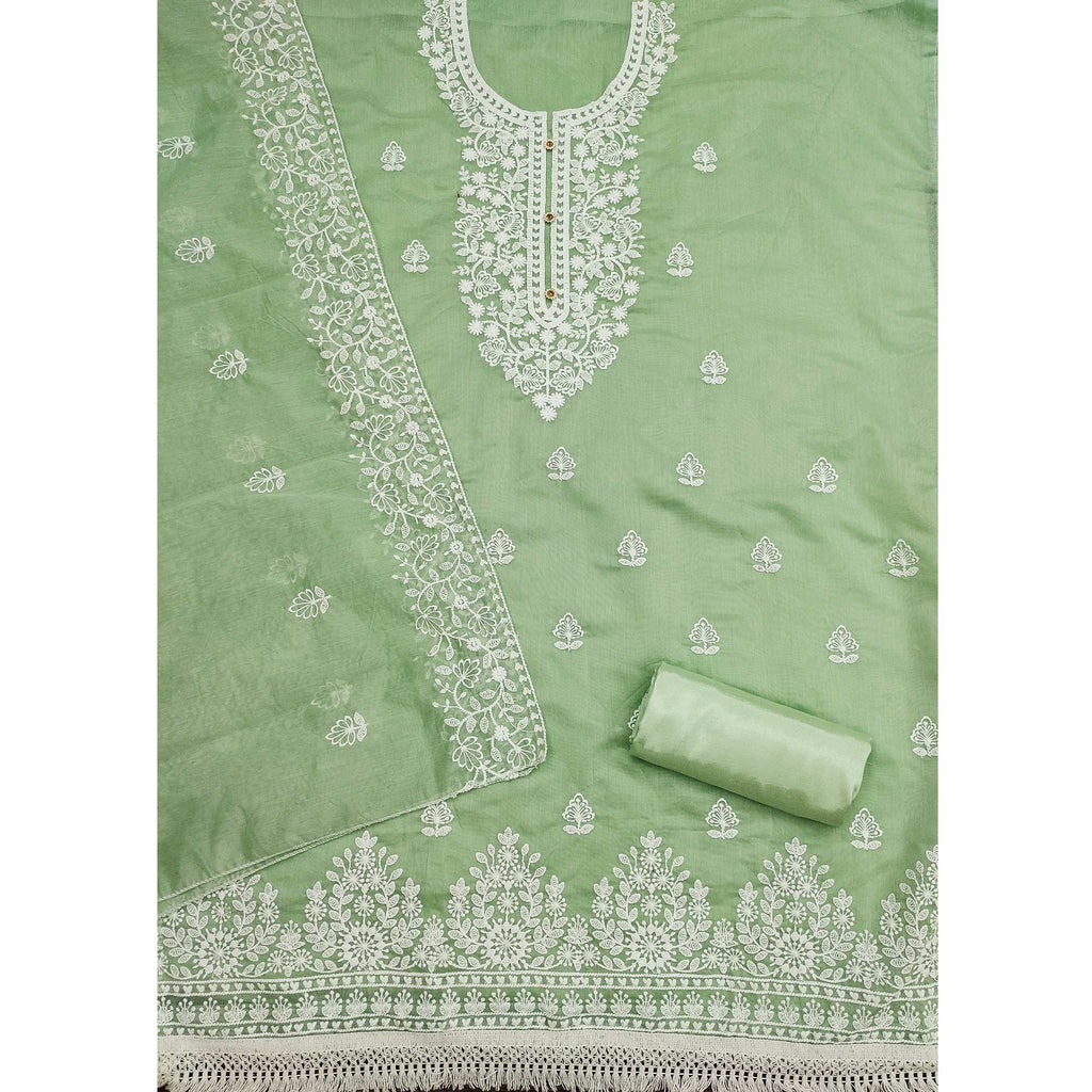 Green Floral Embroidered Chanderi Cotton Dress Material