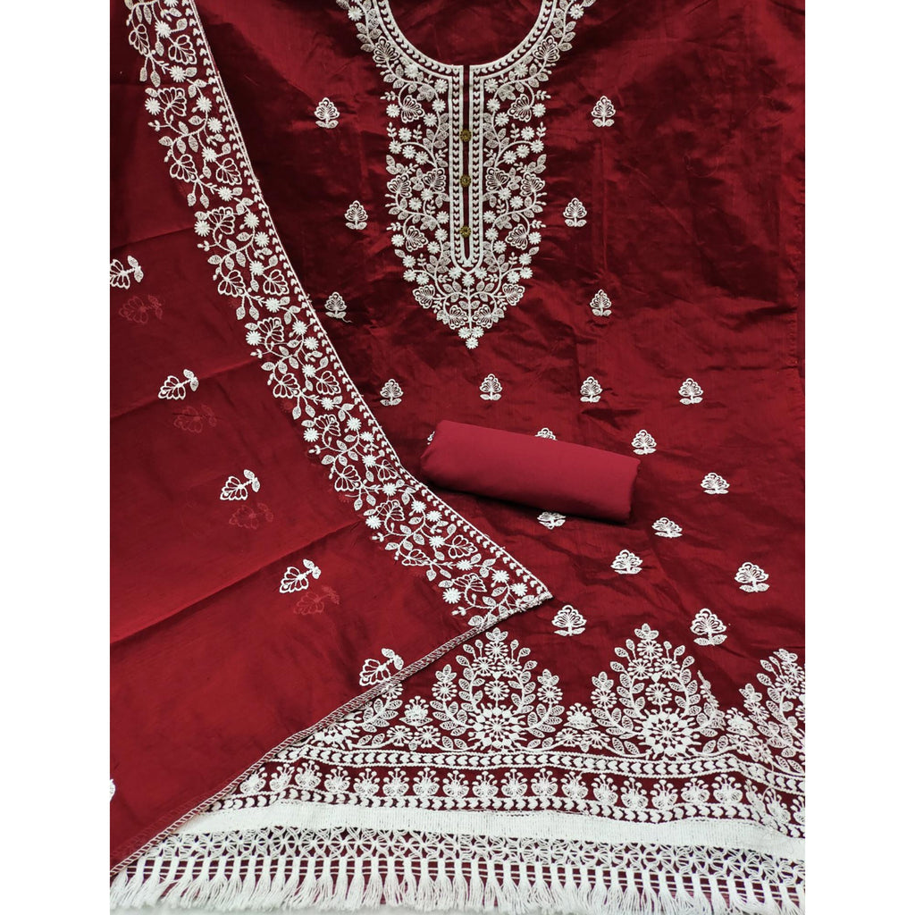 Maroon Floral Embroidered Chanderi Cotton Dress Material