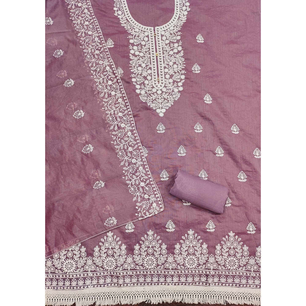 Mauve Floral Embroidered Chanderi Cotton Dress Material