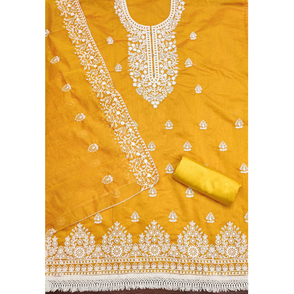 Mustard Floral Embroidered Chanderi Cotton Dress Material