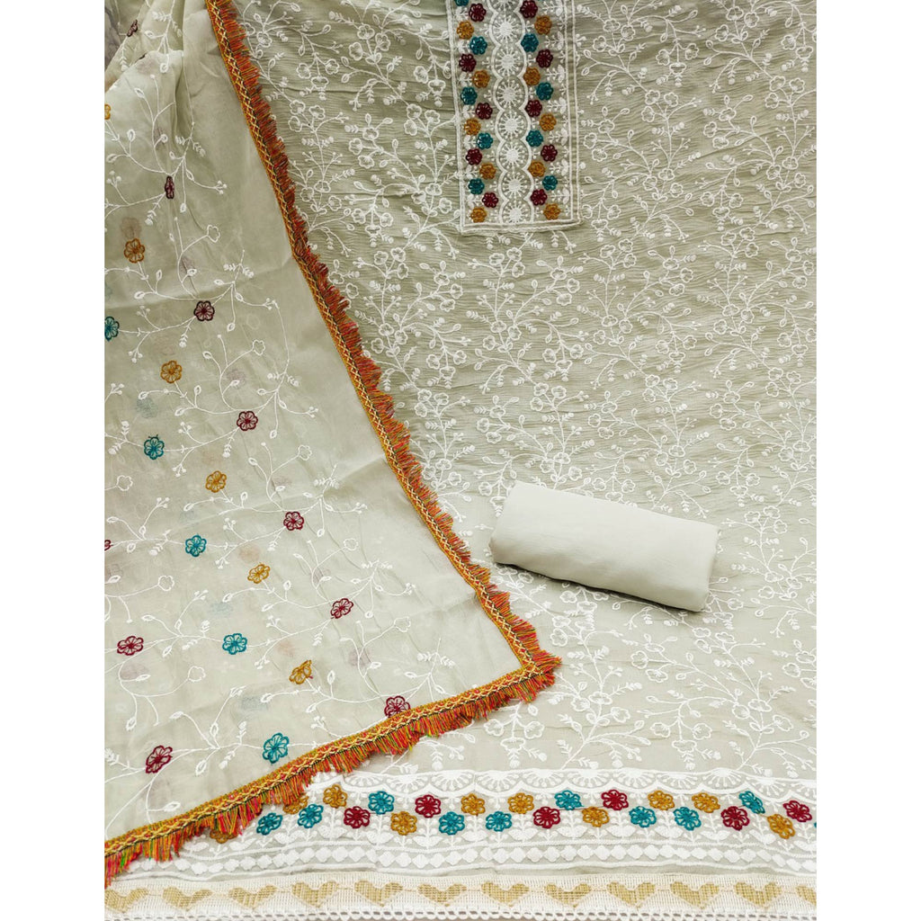 Cream Chanderi Cotton Dress Material With Floral Thread Embroidery