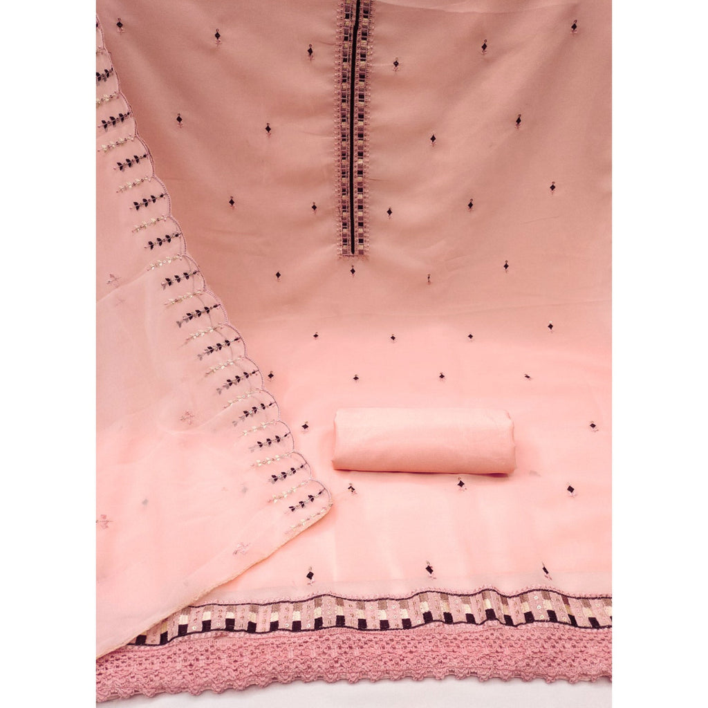 Peach Sequins & Thread Embroidered Georgette Dress Material