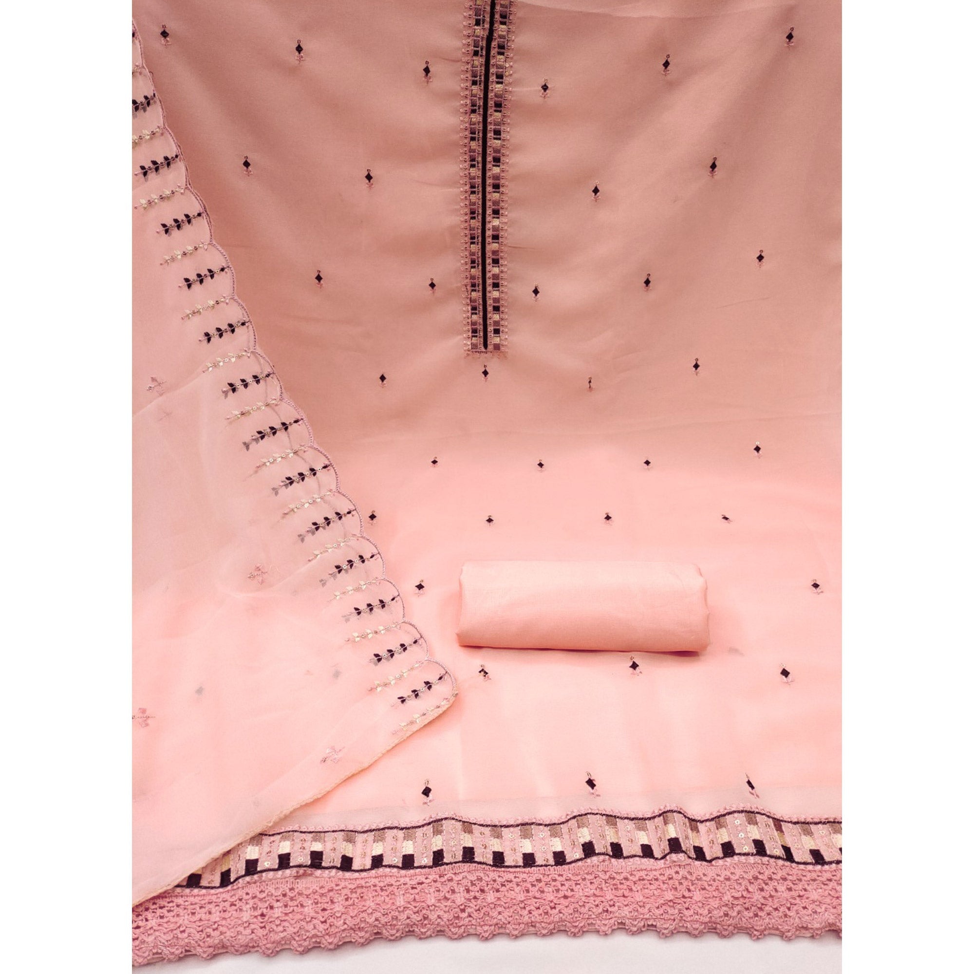 Peach Sequins & Thread Embroidered Georgette Dress Material