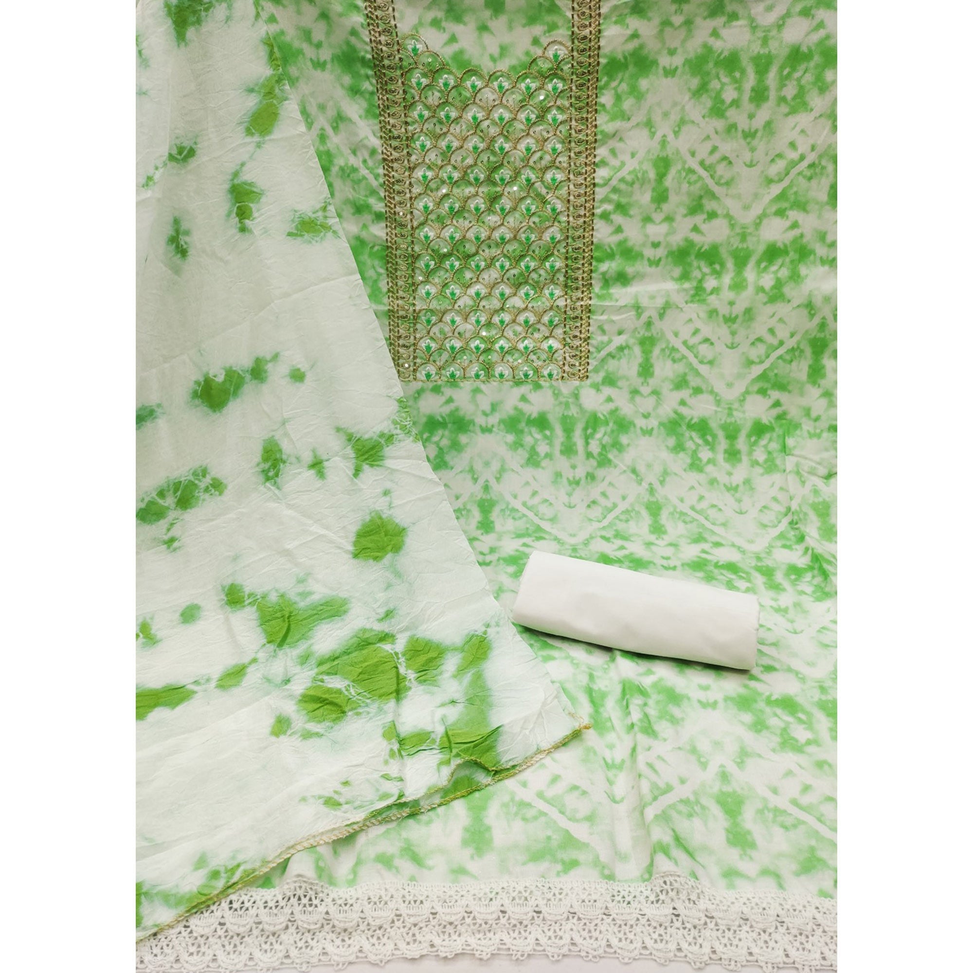 Green Printed With Embroidery Cotton Blend Dress Material
