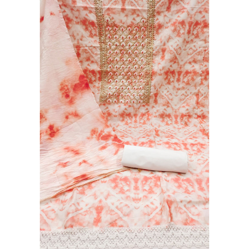 Peach Printed With Embroidery Cotton Blend Dress Material