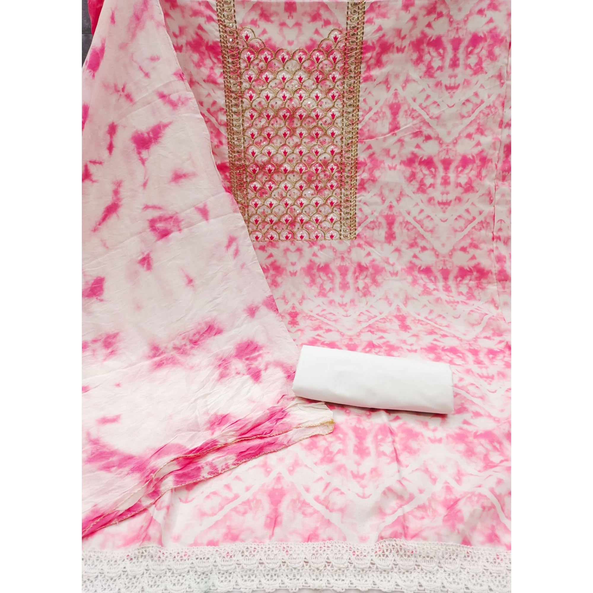 Pink Printed With Embroidery Cotton Blend Dress Material