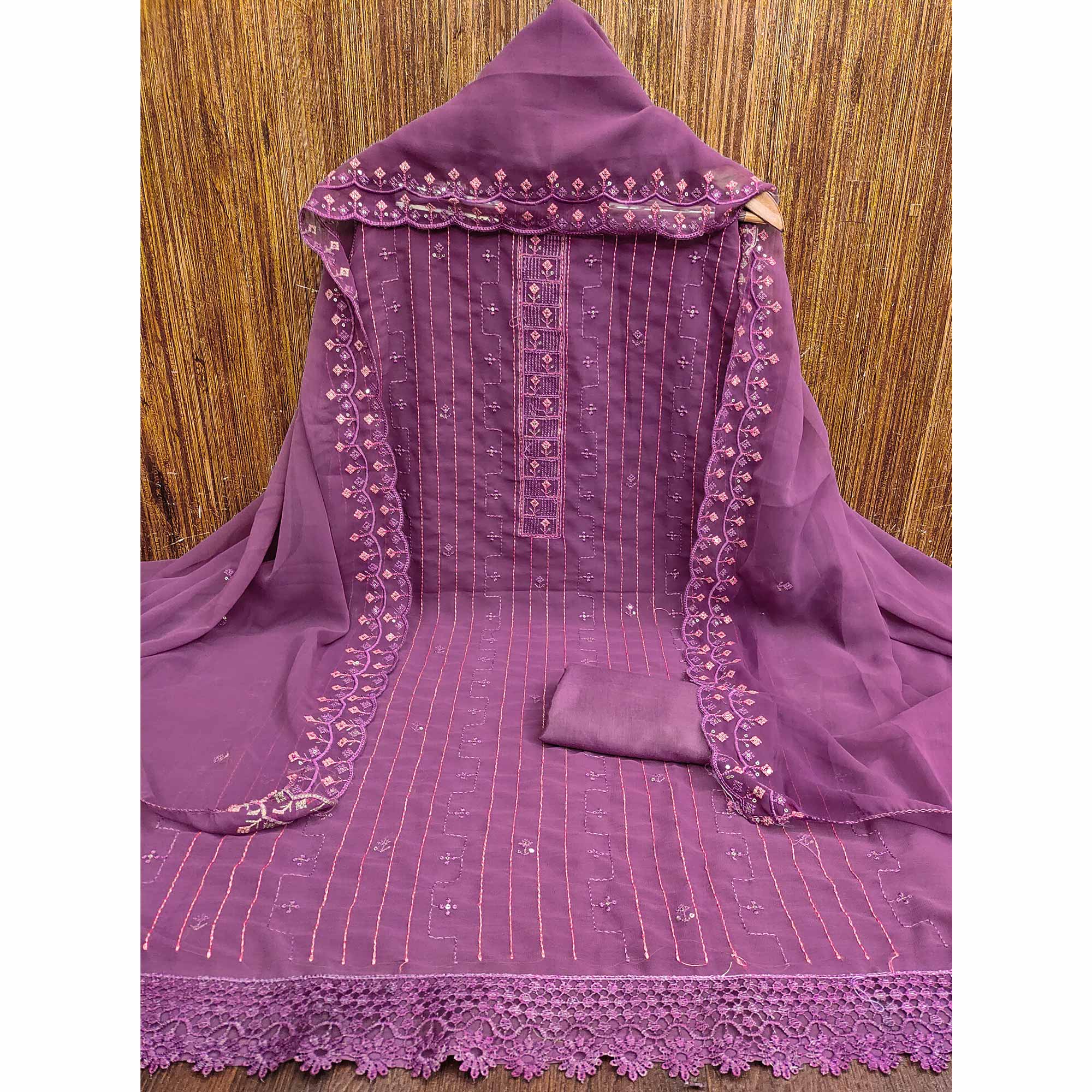 Light Purple Sequins Embroidered Georgette Dress Material