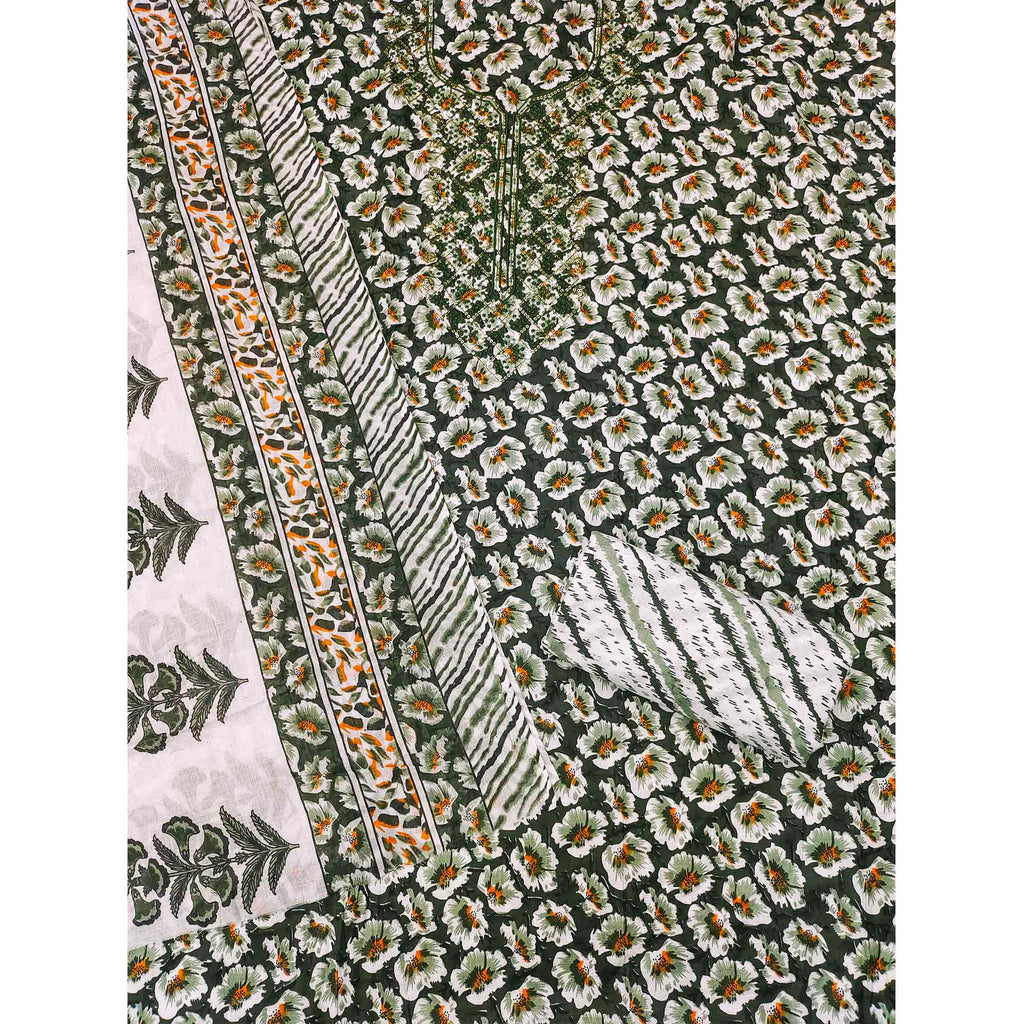 Green Printed With Embroidered Cotton Blend Dress Material