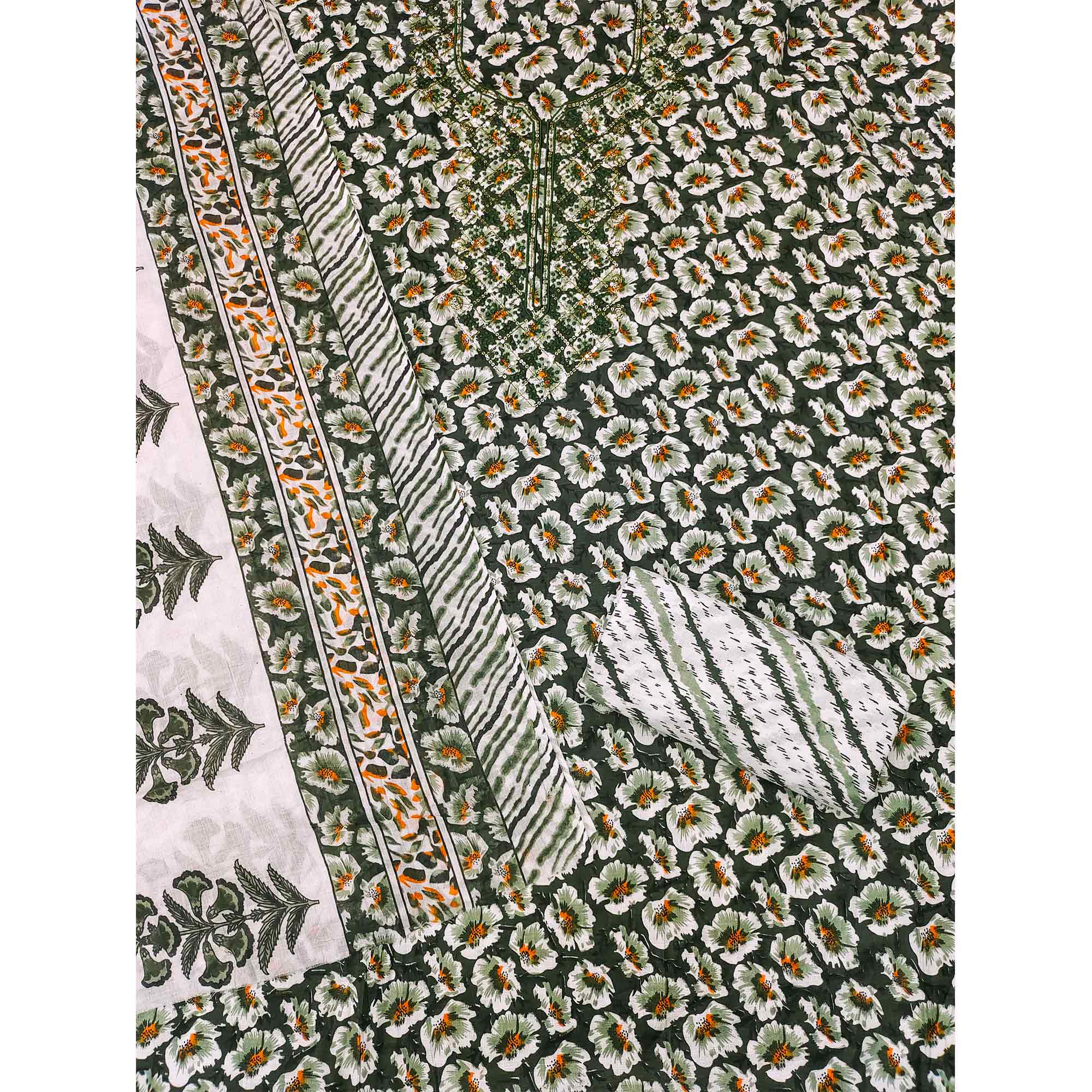 Green Printed With Embroidered Cotton Blend Dress Material