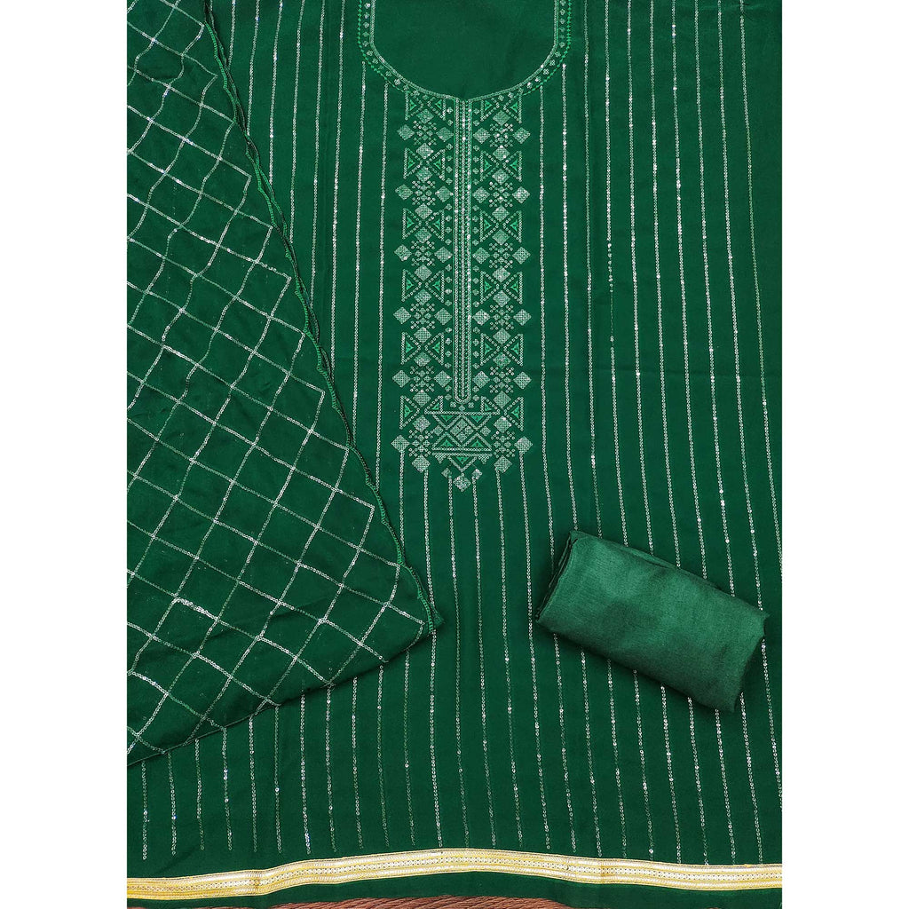 Green Sequins Embroidered Georgette Dress Material