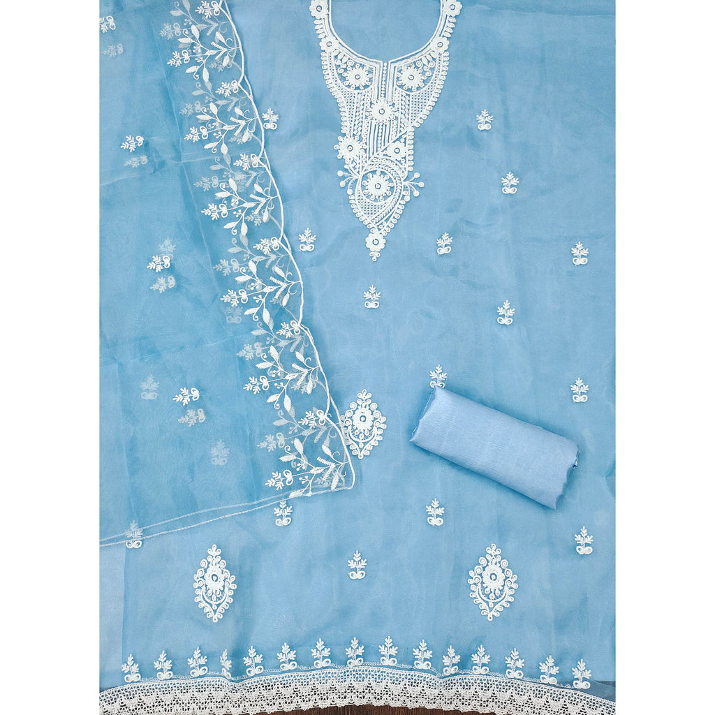 Blue Floral Embroidered Organza Dress Material