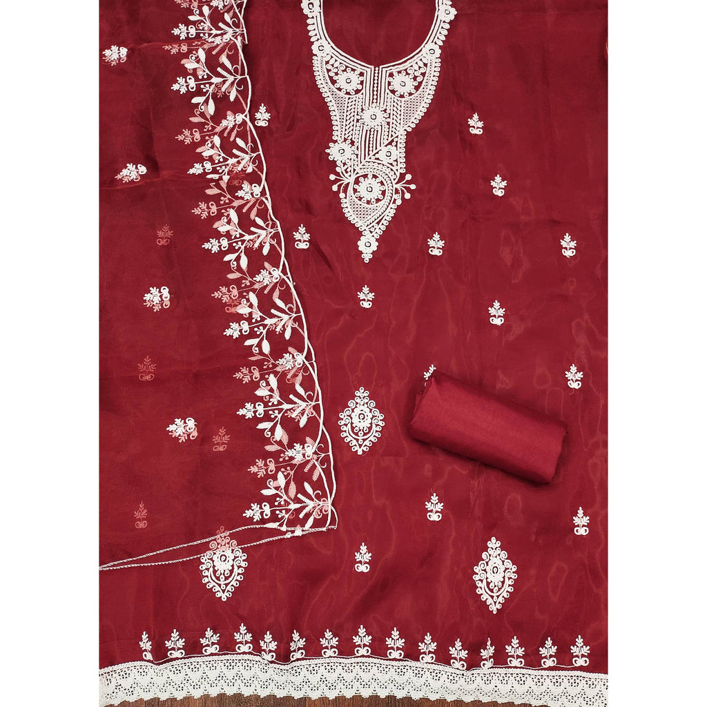 Maroon Floral Embroidered Organza Dress Material