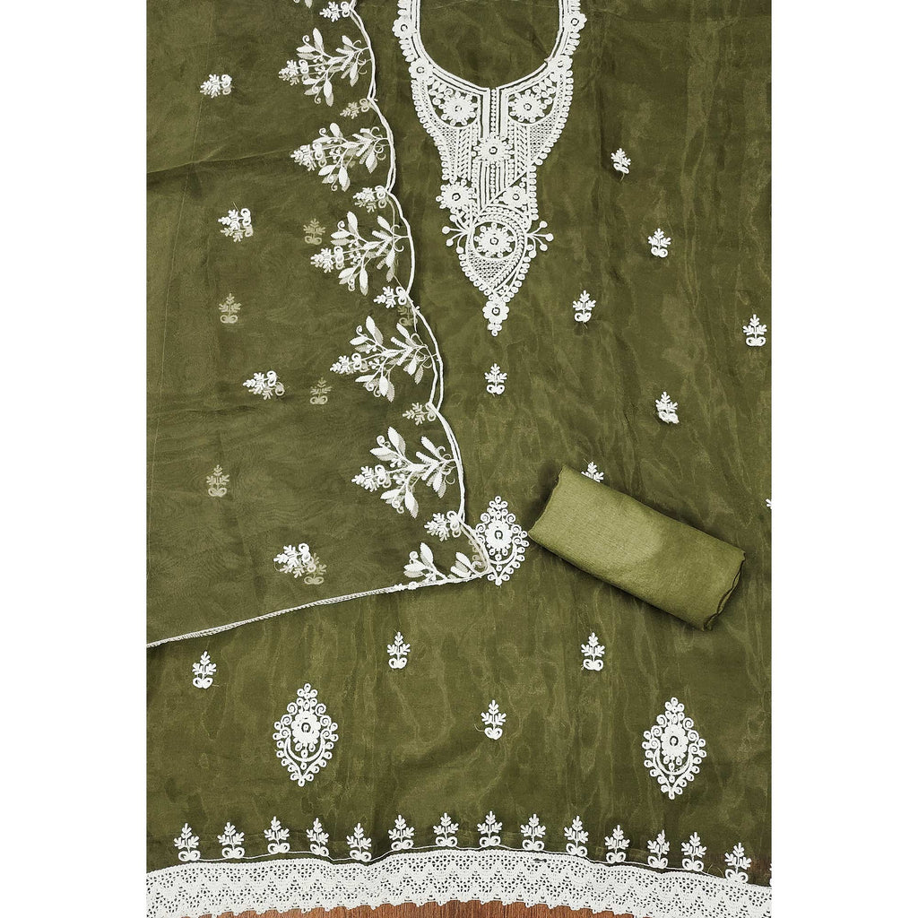 Mehendi Green Floral Embroidered Organza Dress Material