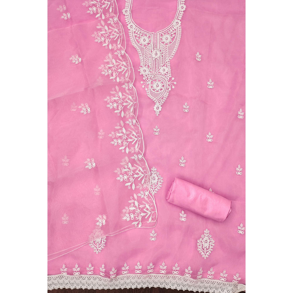 Pink Floral Embroidered Organza Dress Material