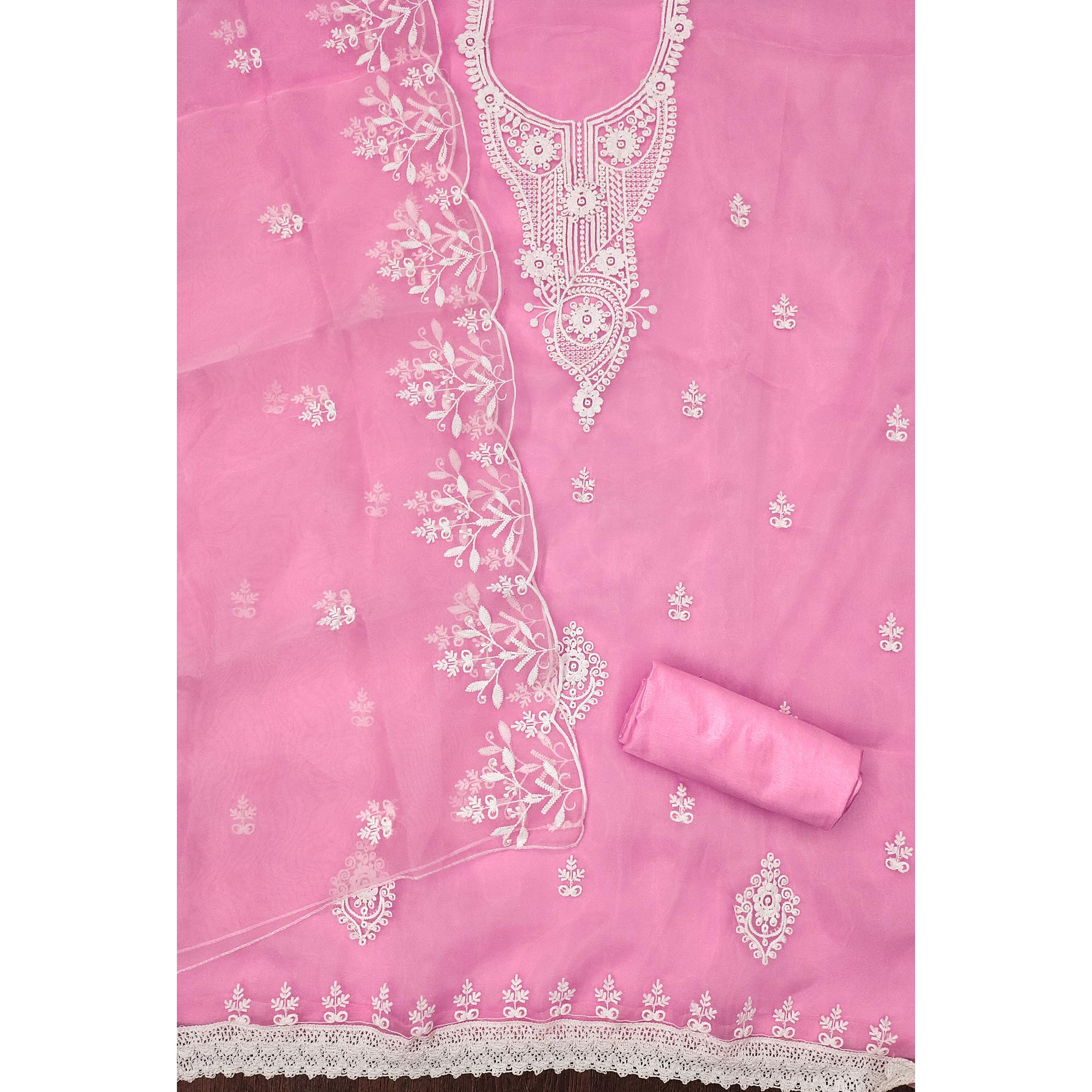 Pink Floral Embroidered Organza Dress Material